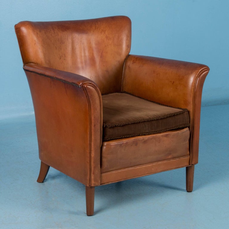 Pair of Vintage Danish Leather Club Chairs with Cushion Seats at 1stDibs