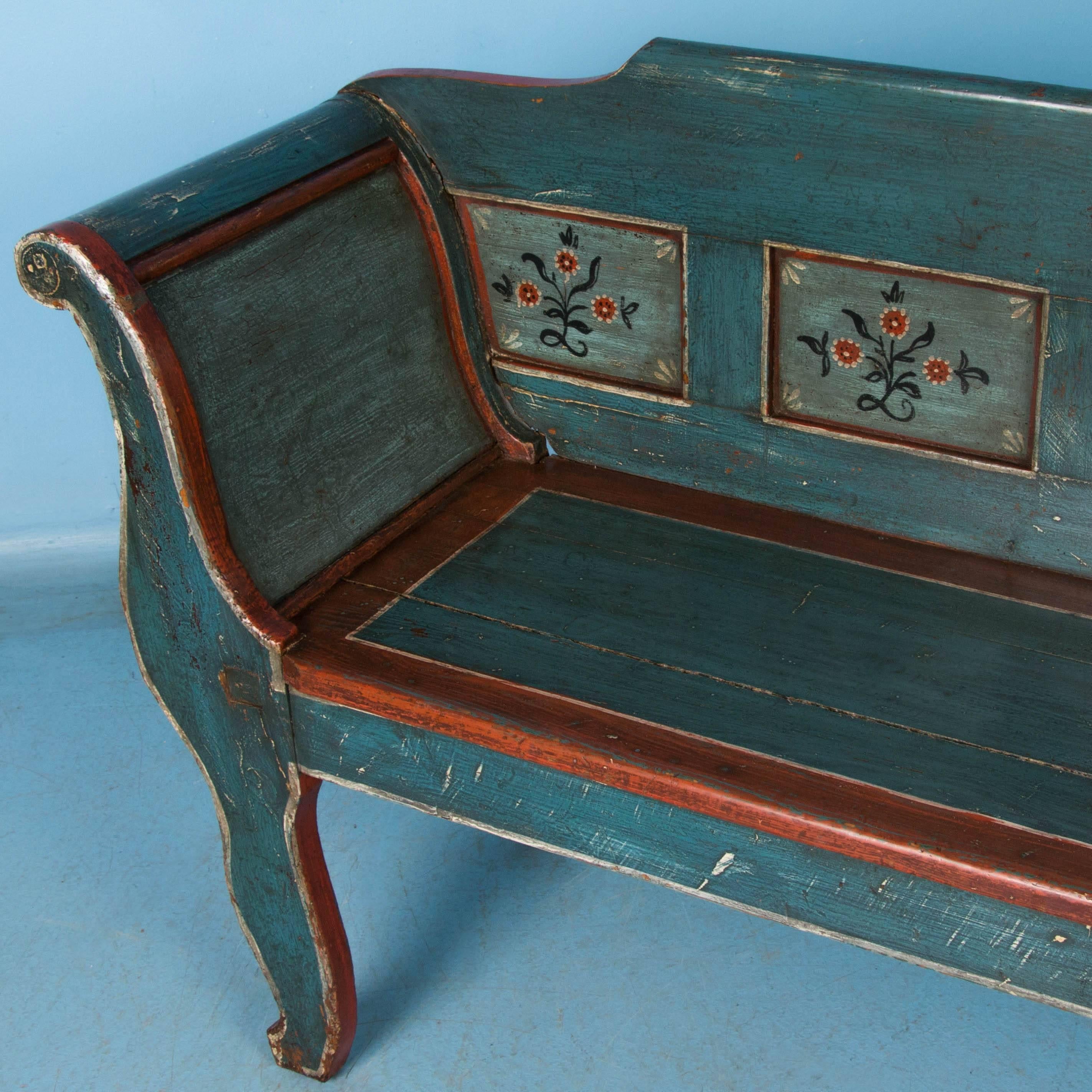 Hand-Painted Antique Folk Art Painted Bench From Denmark