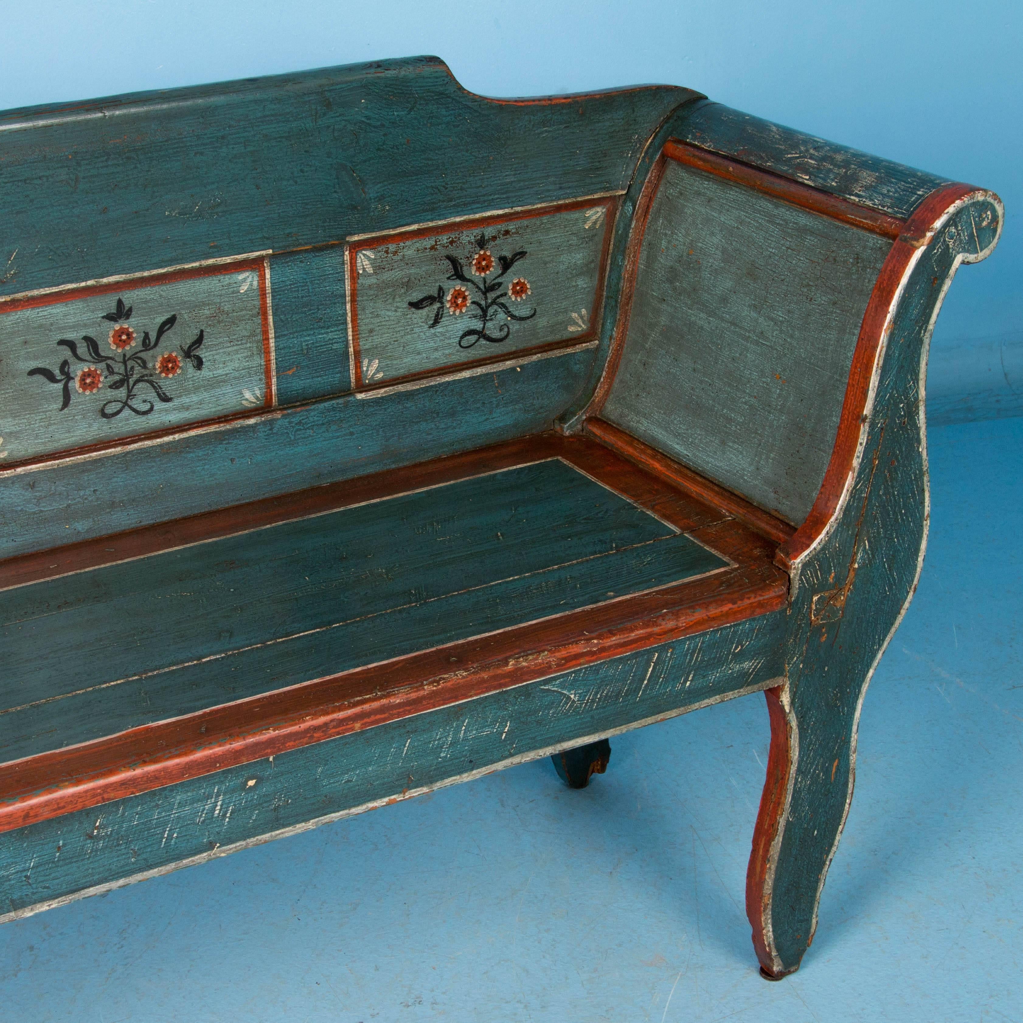 Pine Antique Folk Art Painted Bench From Denmark