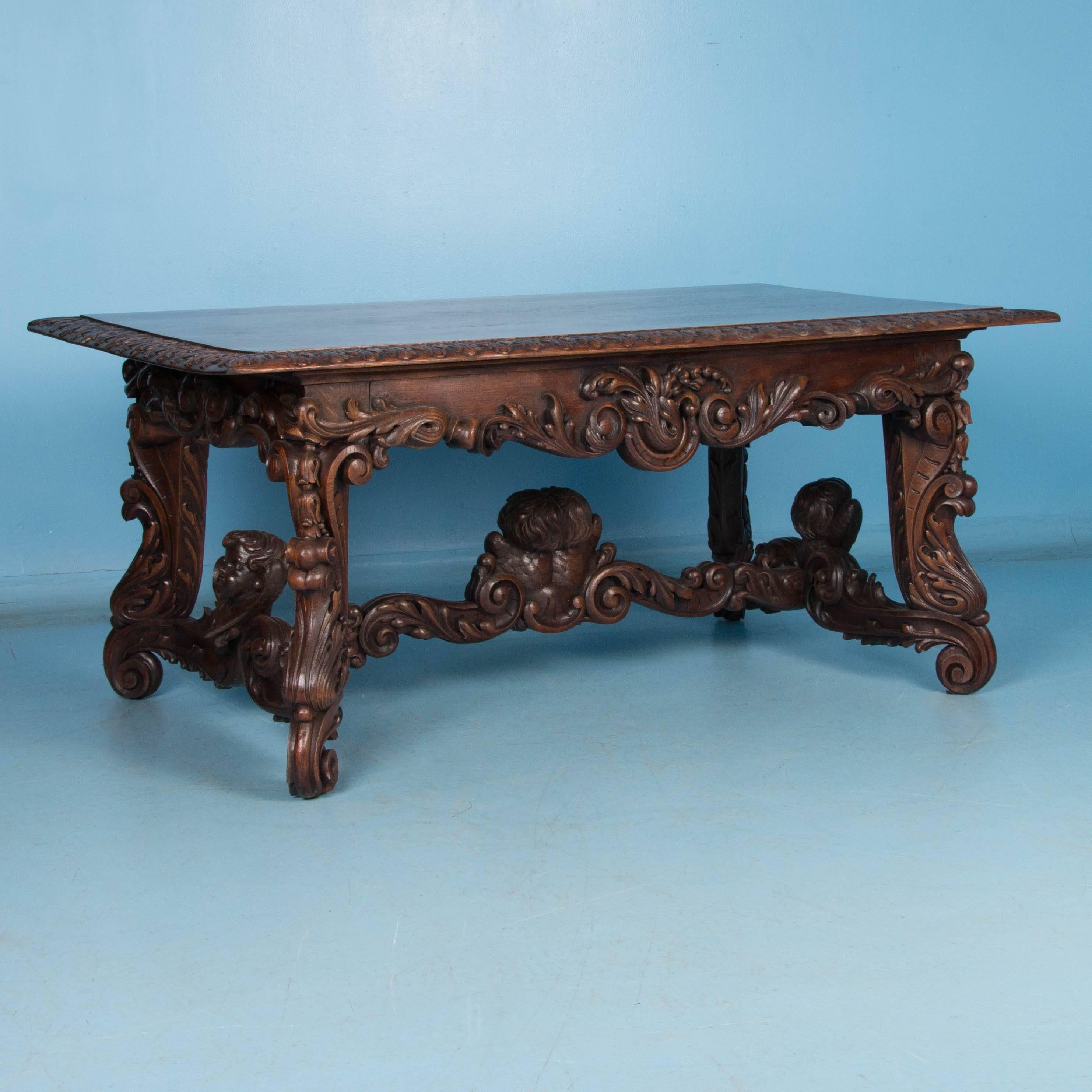 Exceptional Antique Hand-Carved French Library Table with Cherubs In Good Condition In Round Top, TX