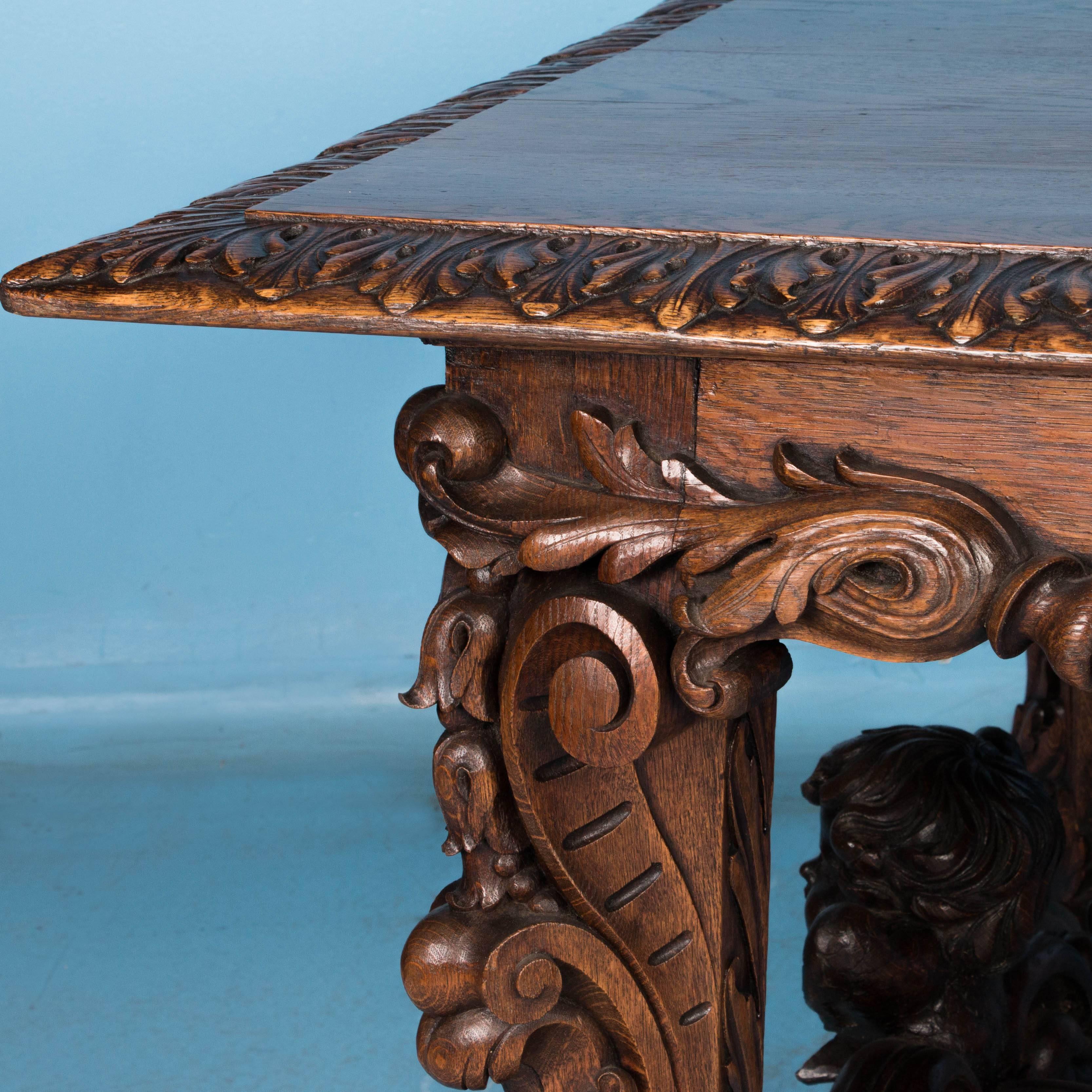 19th Century Exceptional Antique Hand-Carved French Library Table with Cherubs