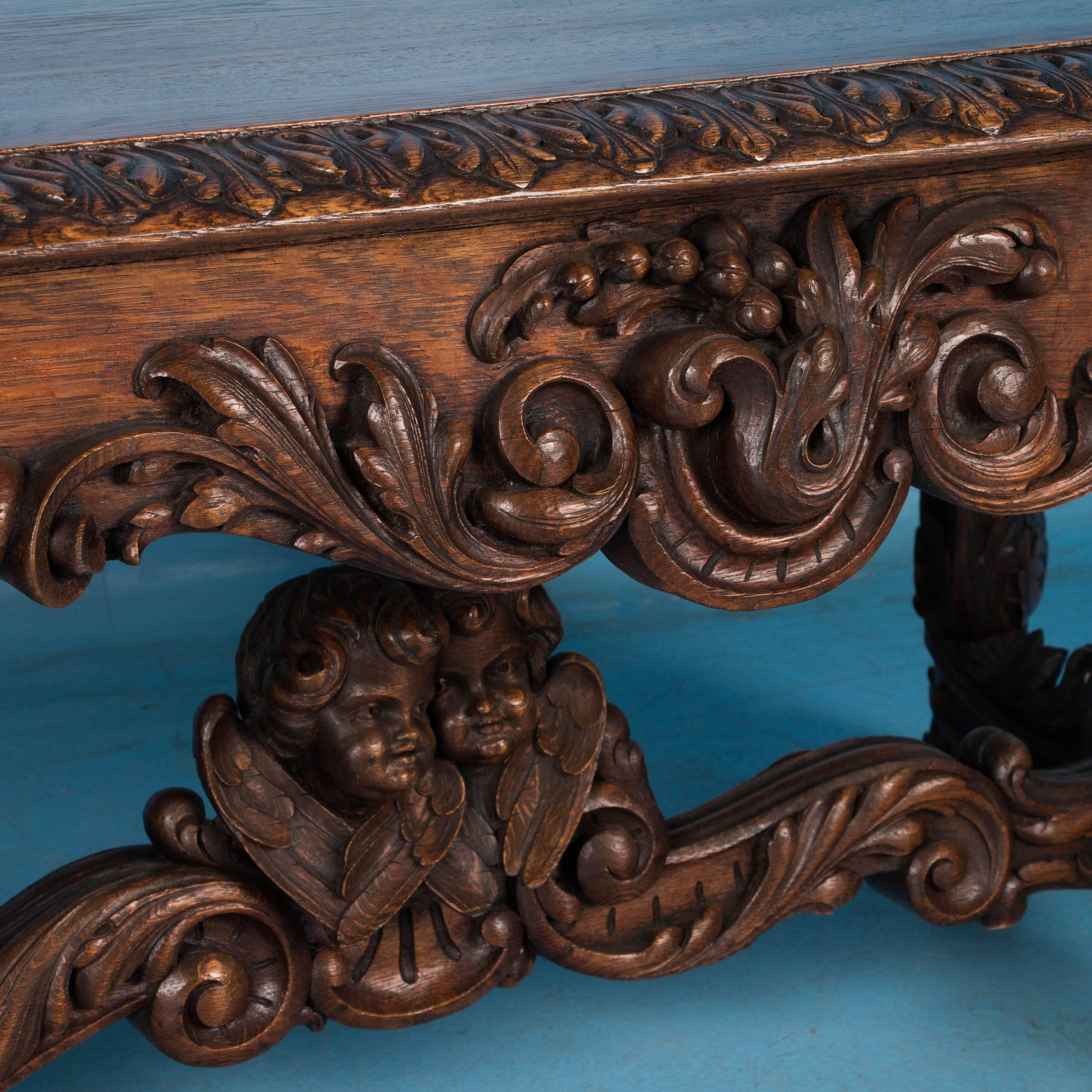 Oak Exceptional Antique Hand-Carved French Library Table with Cherubs