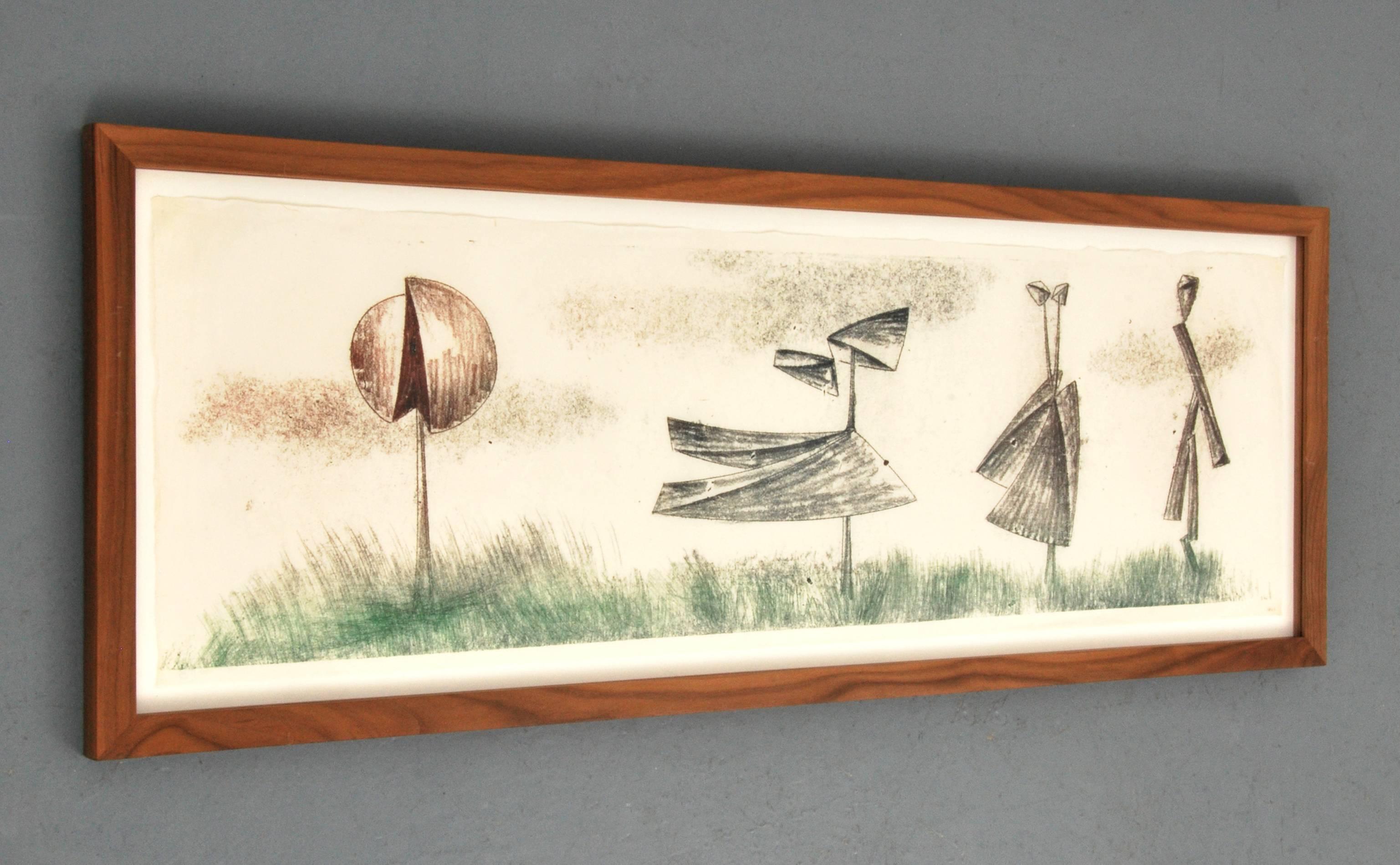 Monotypie von Harry Bertoia, paraphiert und nummeriert 1860 auf Reispapier, montiert in einem geölten Nussbaumrahmen. Aus der Sammlung der Familie Bertoia. Eine wunderbare Darstellung der Ideen seiner Skulpturen, die zum Leben erwachen.
Harry