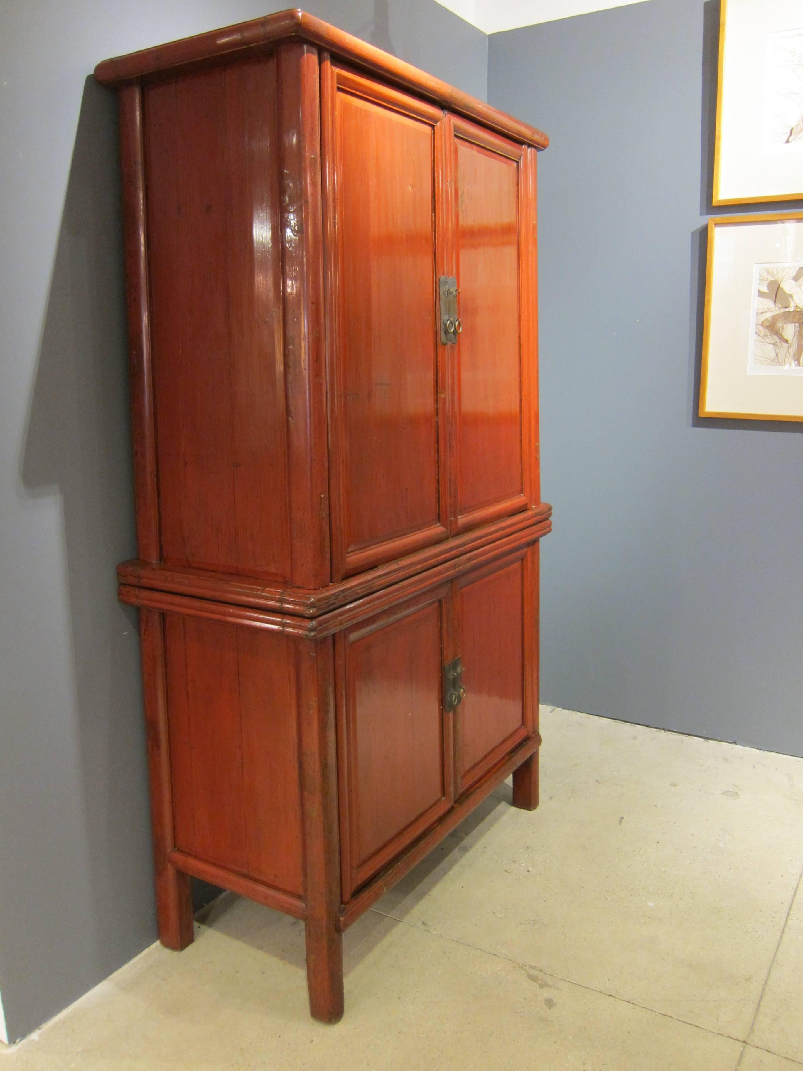 Qing 19th Century Two-Part Chinese Tapered Cabinet Armoire