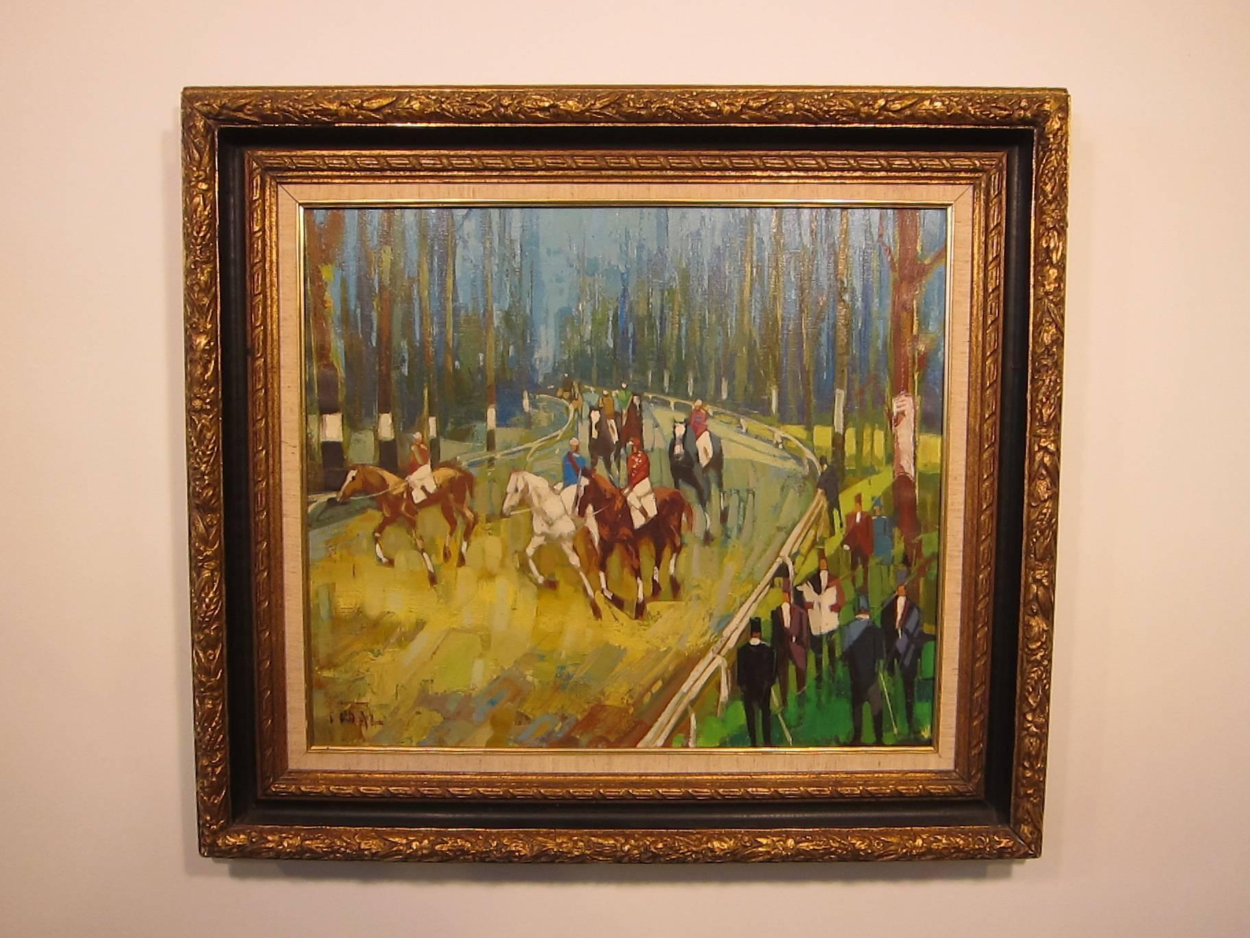 French Modernist Mid-century Painting. Louis Vidal (1935-1991), French artist modernist impressionism. An Equestrian horse race oil painting. 
Painting excellent very good condition. 
Frame is in very good condition.
Size: 21 x 18H.
Size of