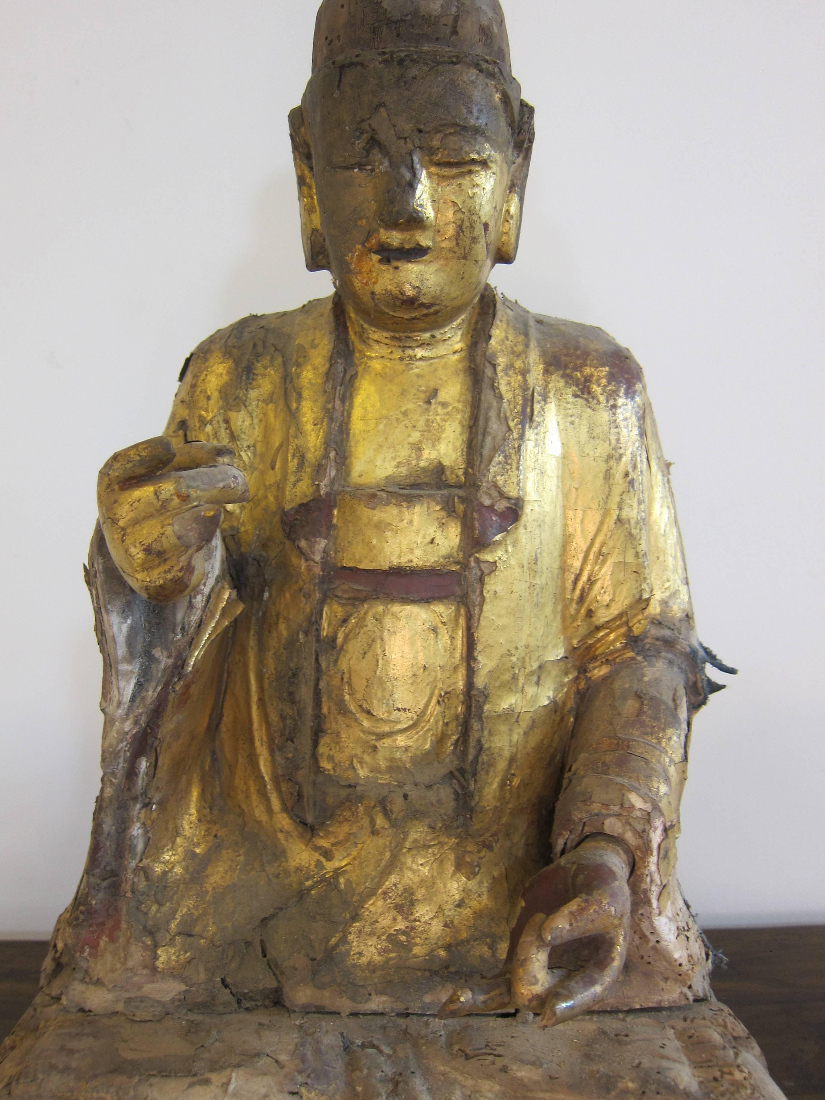 Japanese dry lacquer Buddha, possibly Kamakura Period or earlier.
Buddha statue of carved wood with canvas, gesso, lacquer and gilding. The condition is as pictured. This item is distressed with exposed joints, seams, and losses. The head was