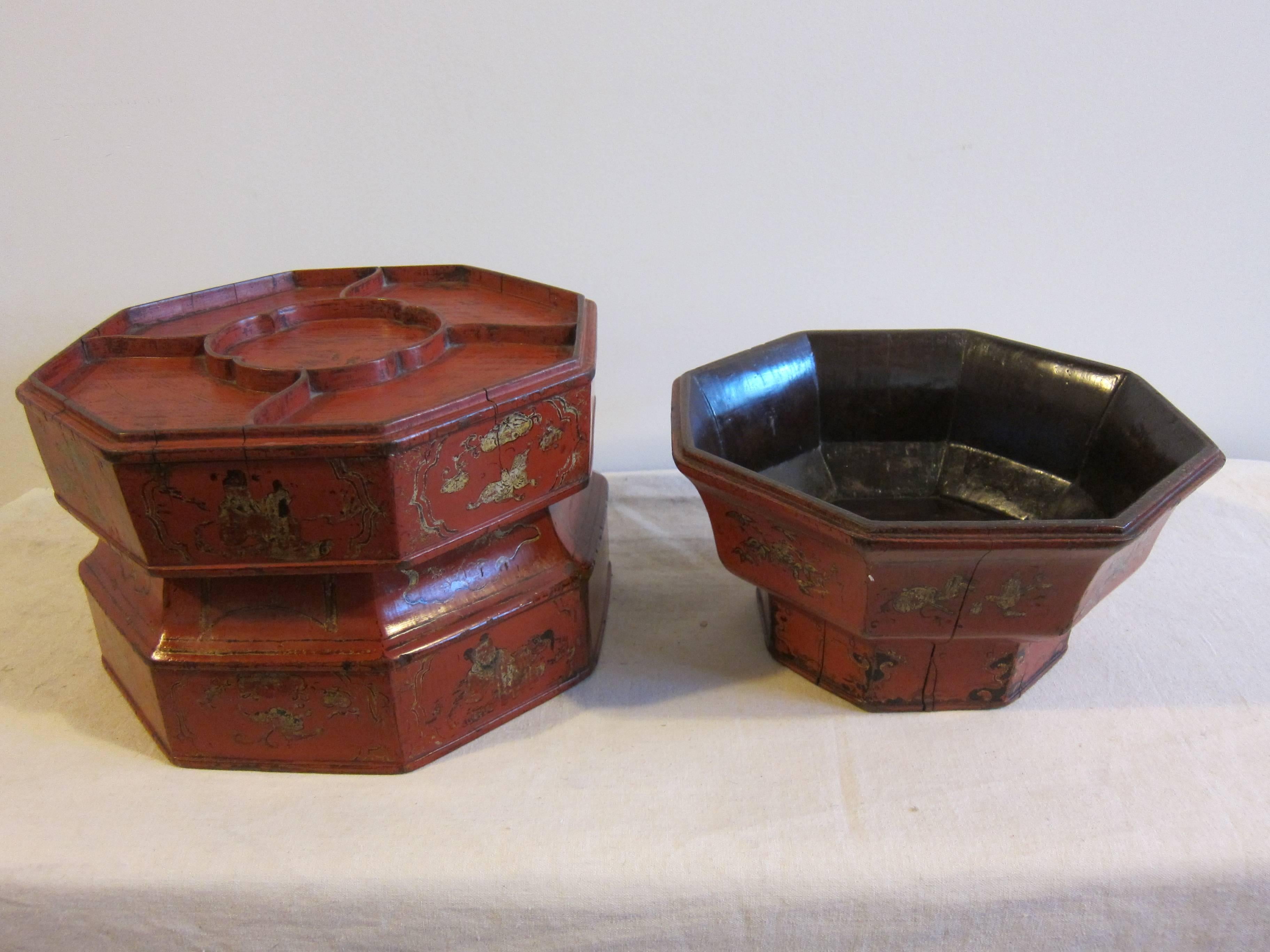 Chinese 19th Century Octagon Wooden Bowl Box