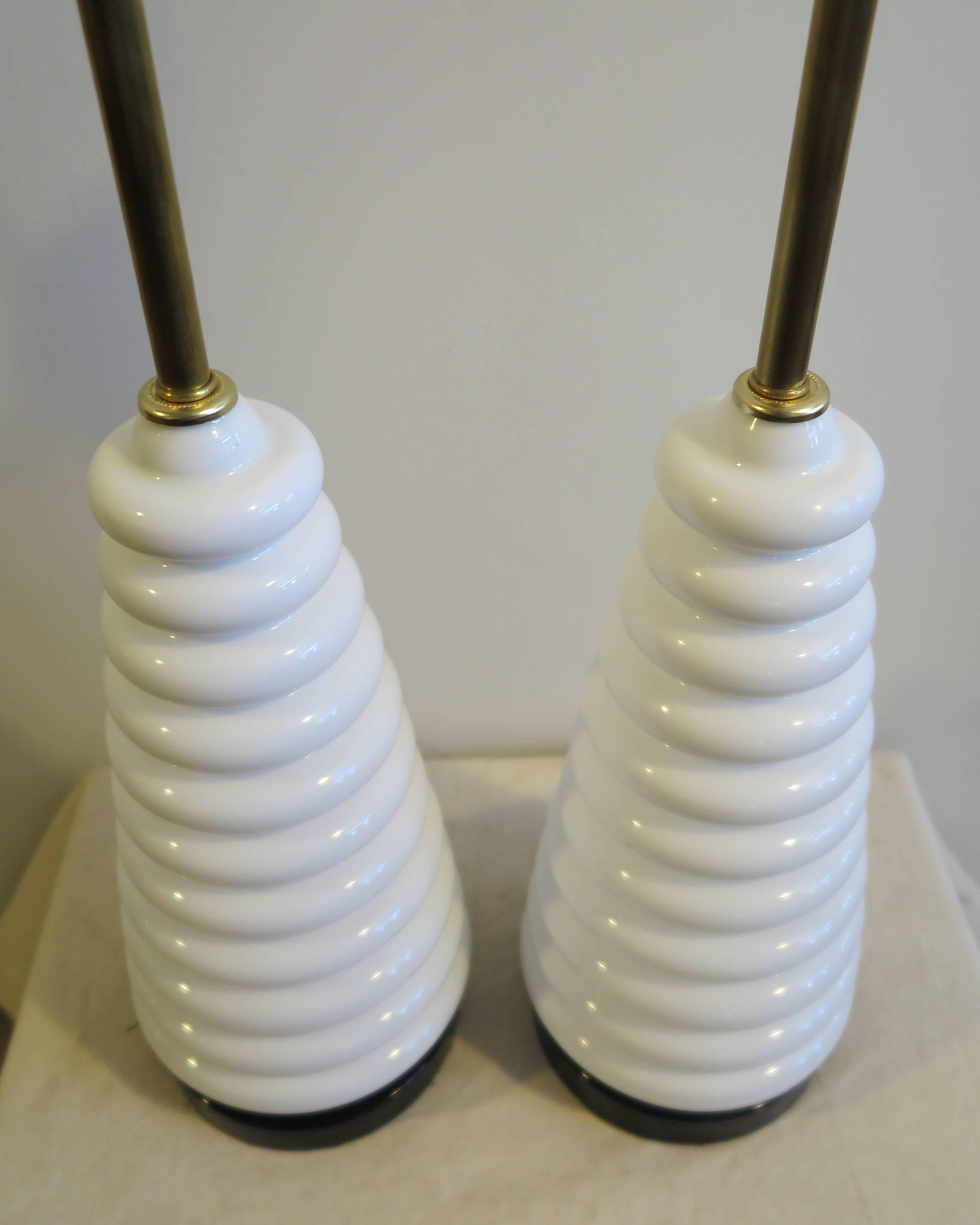 A pair of Mazzega glass lamps attributed to Carlo Nason. Italian blown white glass table lamps. Excellent condition.