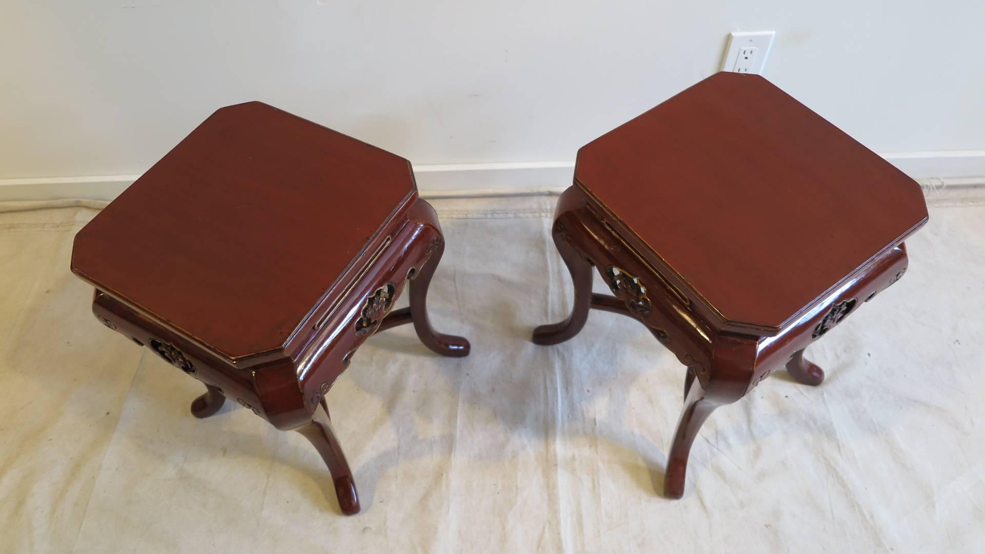  Shanghai Art Deco red lacquered side tables. Cabriole legs with interesting circular stretcher details.  The tables are very strong and can also be used as seating.   Wonderful accent tables introducing color and aesthetic.   We have two, they can