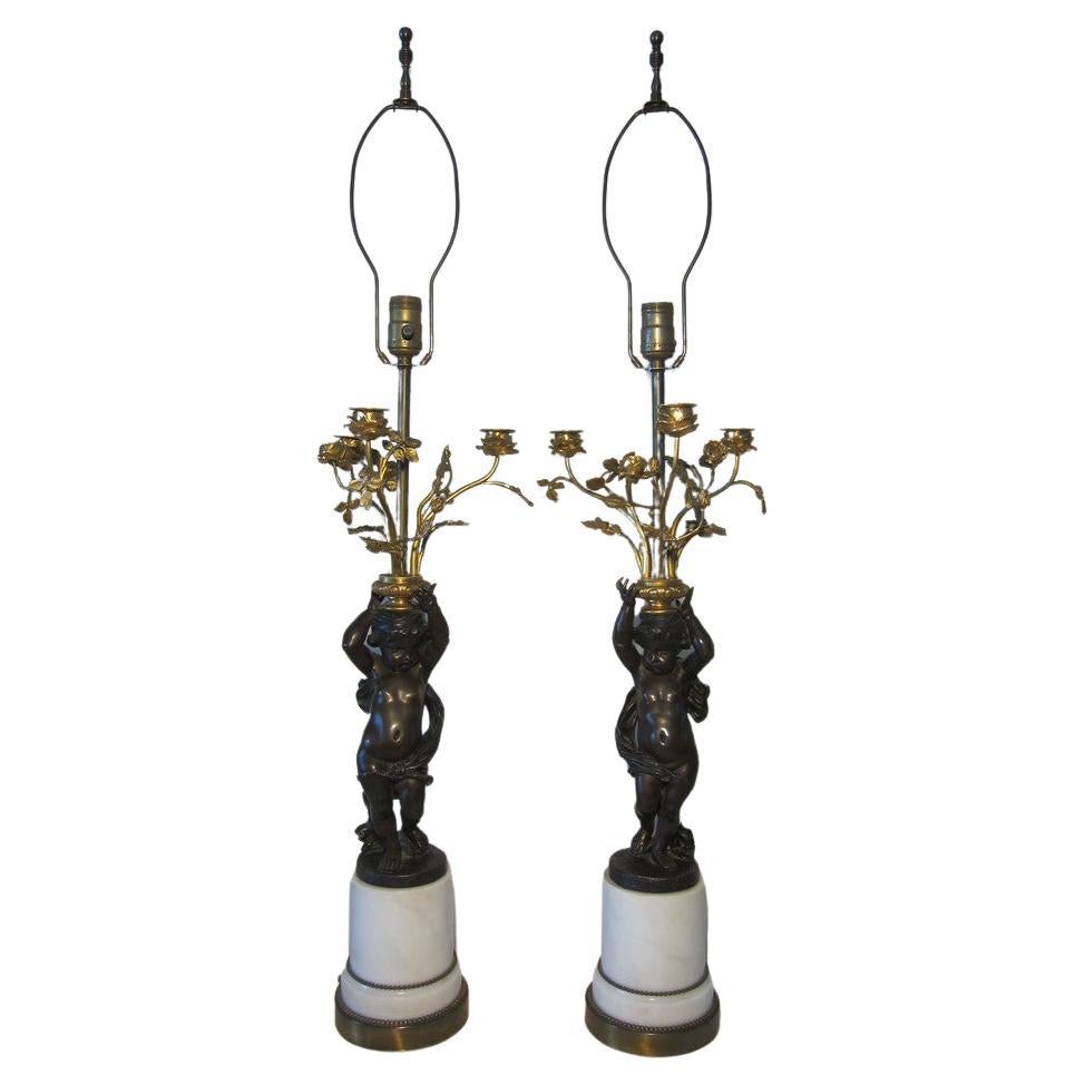 Pair of French 19th Century Bronze Putti Lamp For Sale