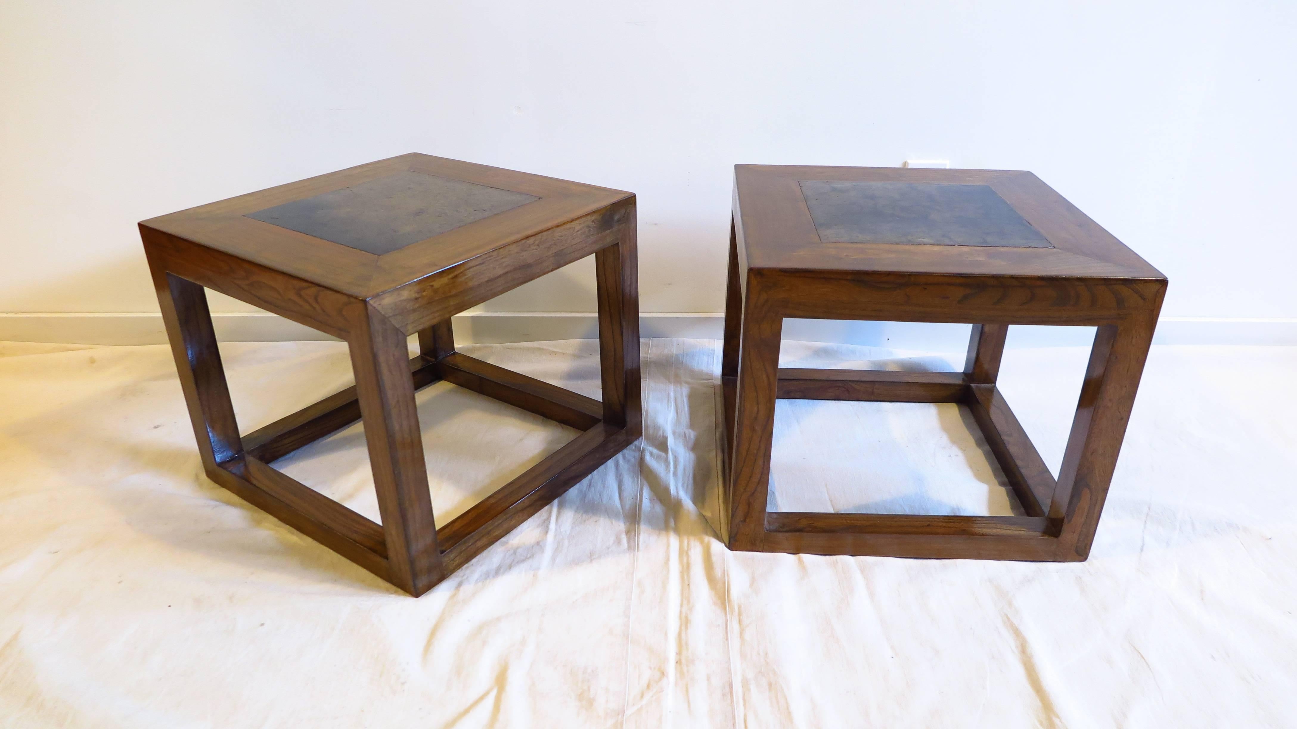 Elm Pair Antique Stone Top Tables