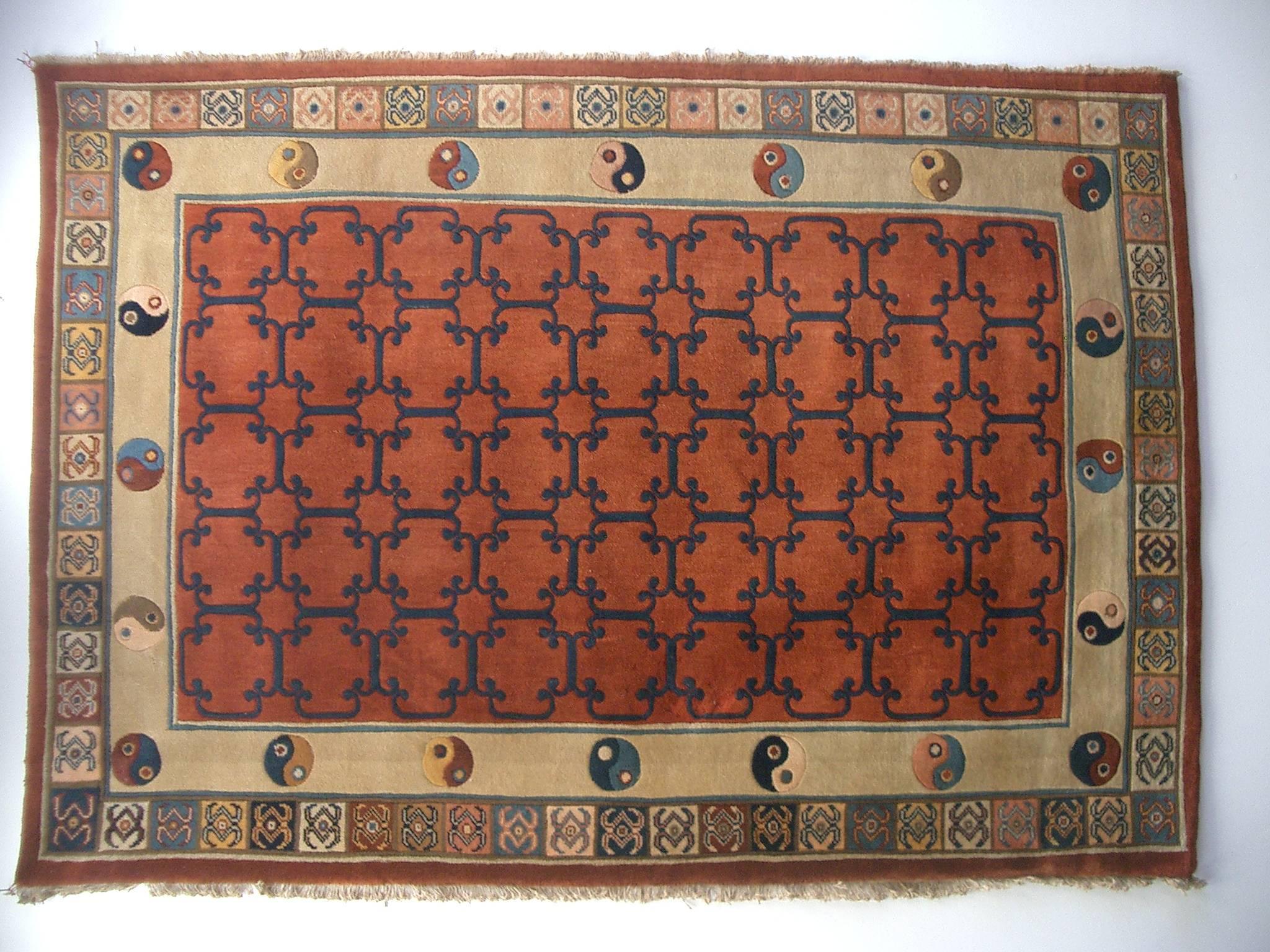 Vintage Tibetan carpet with Ying Yang motif. Natural dyes on wool full pile, hand loomed. Very nice area rug size 50 x 80, > 6'.6'' x 4'.10
