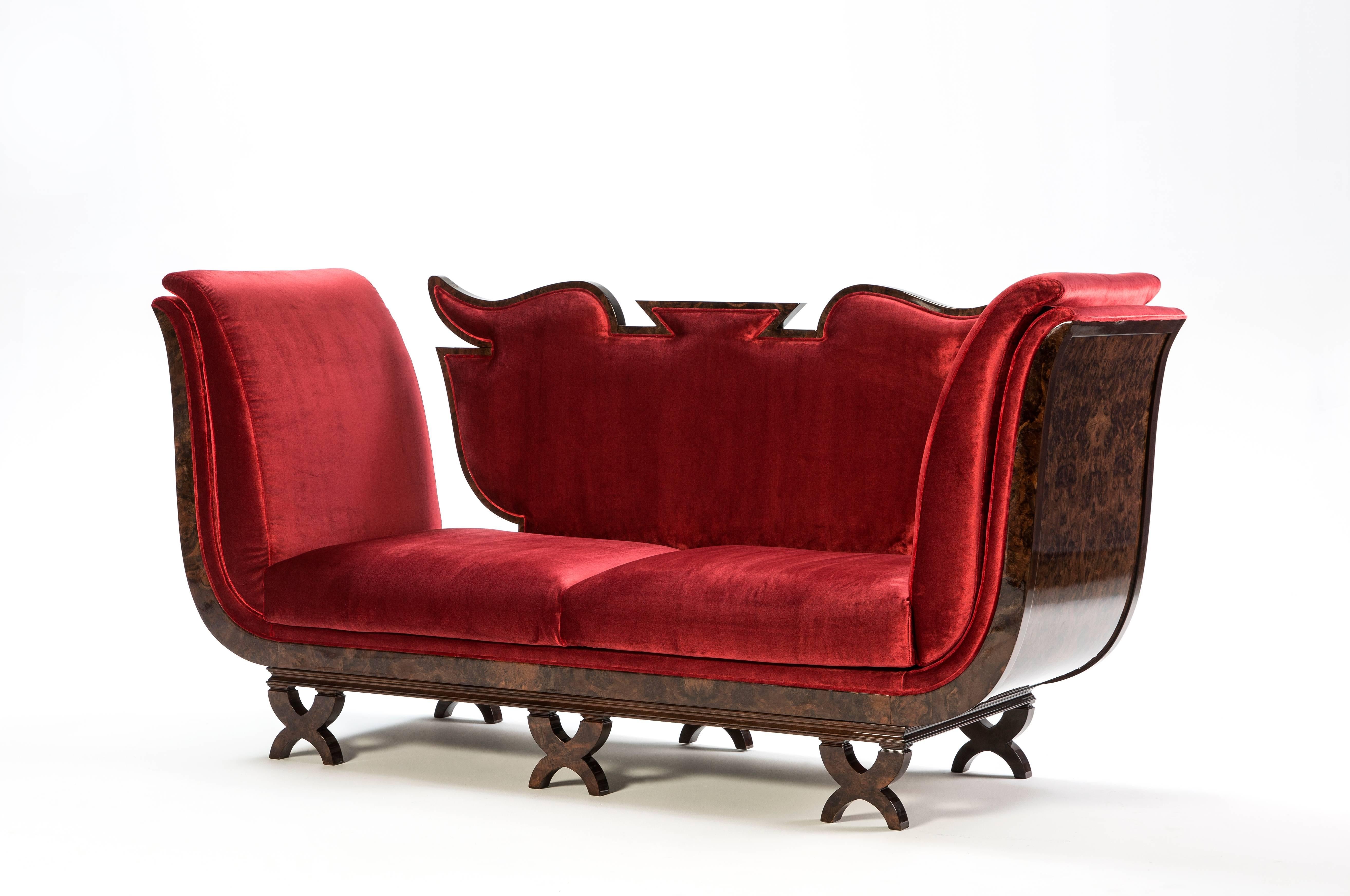 Caterina Licitra (Ponti) "Tributo A Gio Ponti" Candy sofa. A showpiece designed by Caterina Licitra the great granddaughter to Gio Ponti. Crafted by Mariner Furniture Family in walnut burl covered in Dedar Milano collection 