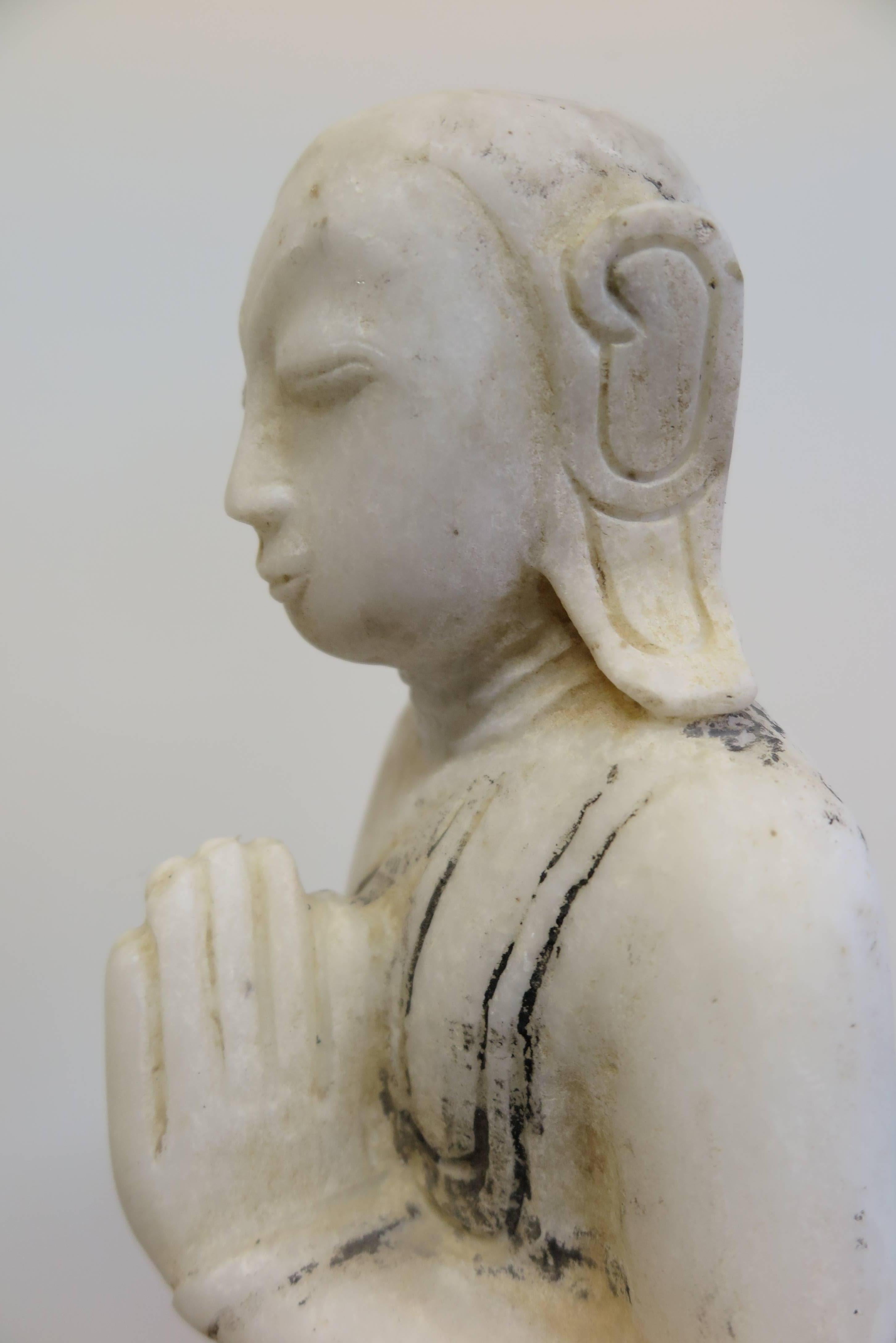 Carved 19th century Burmese Alabaster Buddhist Monk Statue For Sale