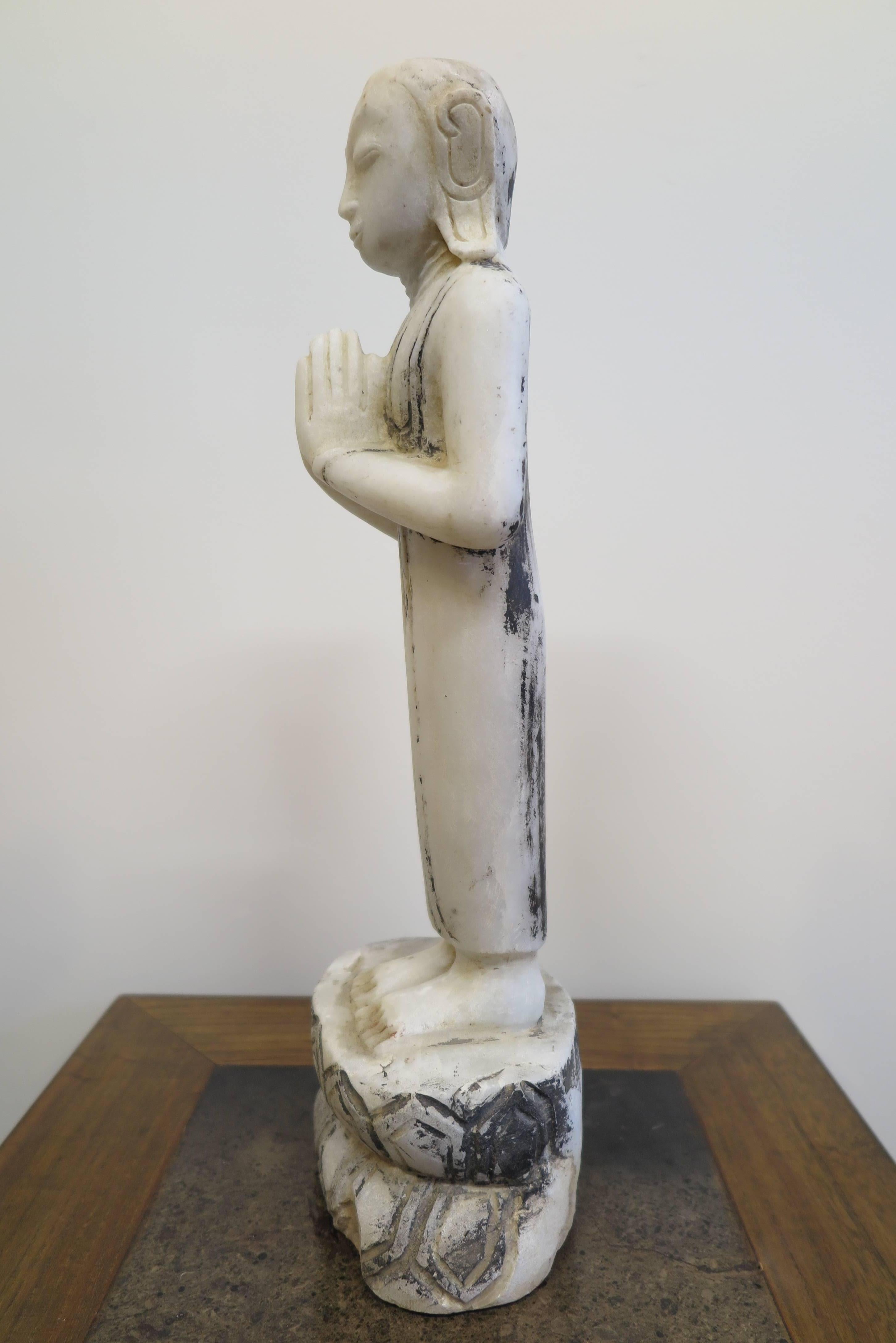 19th century Burmese Alabaster Buddhist Monk Statue In Good Condition For Sale In New York, NY