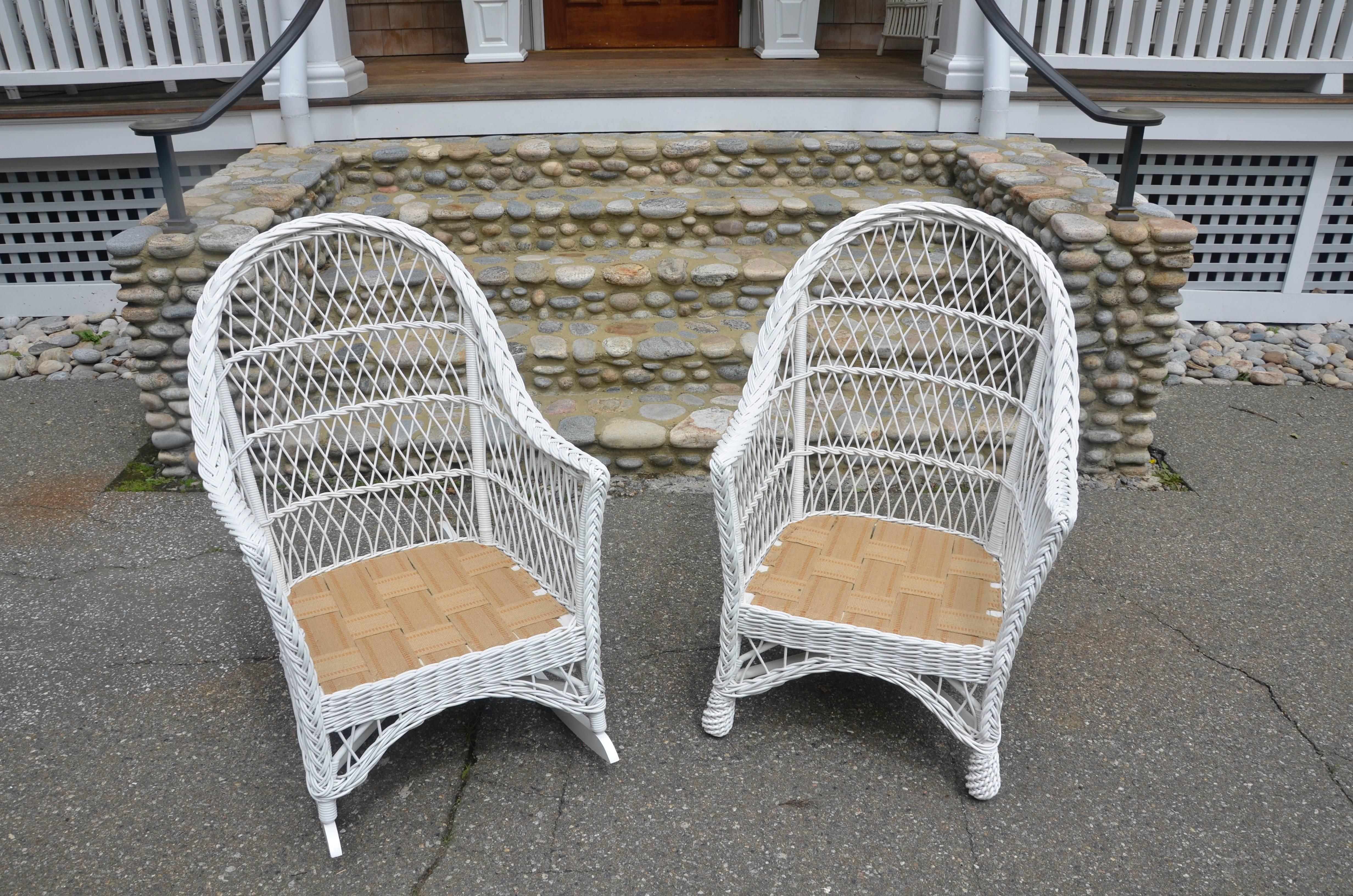 Bar Harbor wicker chair and rocker freshly painted and ready for cushions. Narrow arm allows chairs to fit in tight spaces.
Chair measures: 28