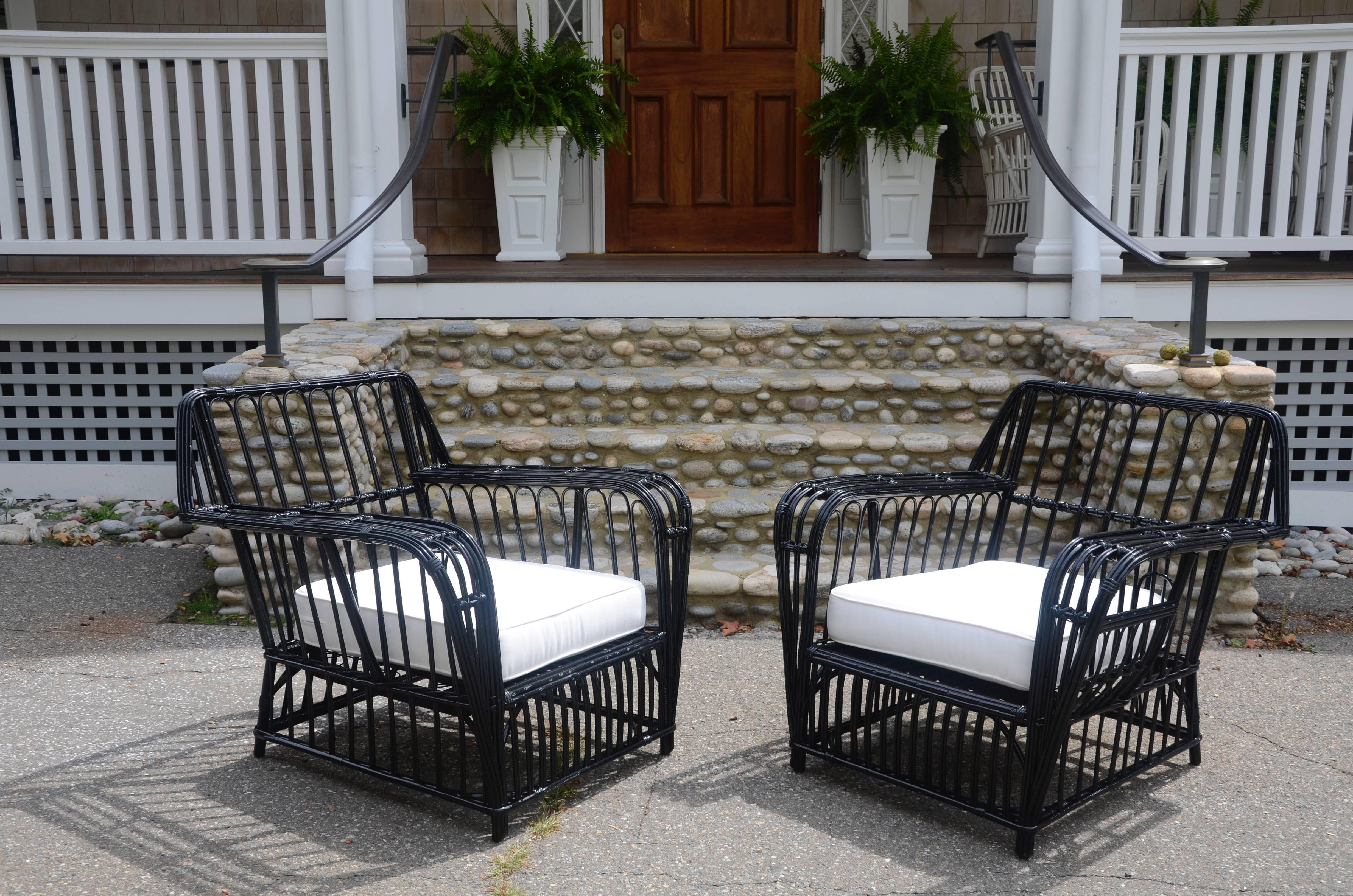 Antique stick rattan chairs in fresh black paint. Cushions (not included) sit on built in spring platform.
