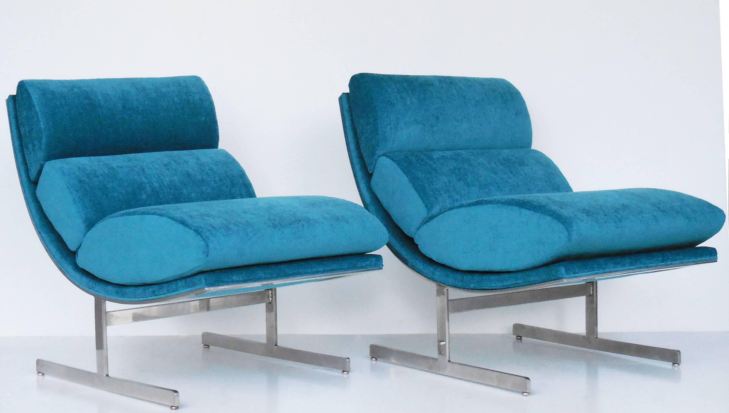 A pair of super stylish chairs by Kip Stewart for Directional. Solid stainless steel frames. New upholstery including new foam.