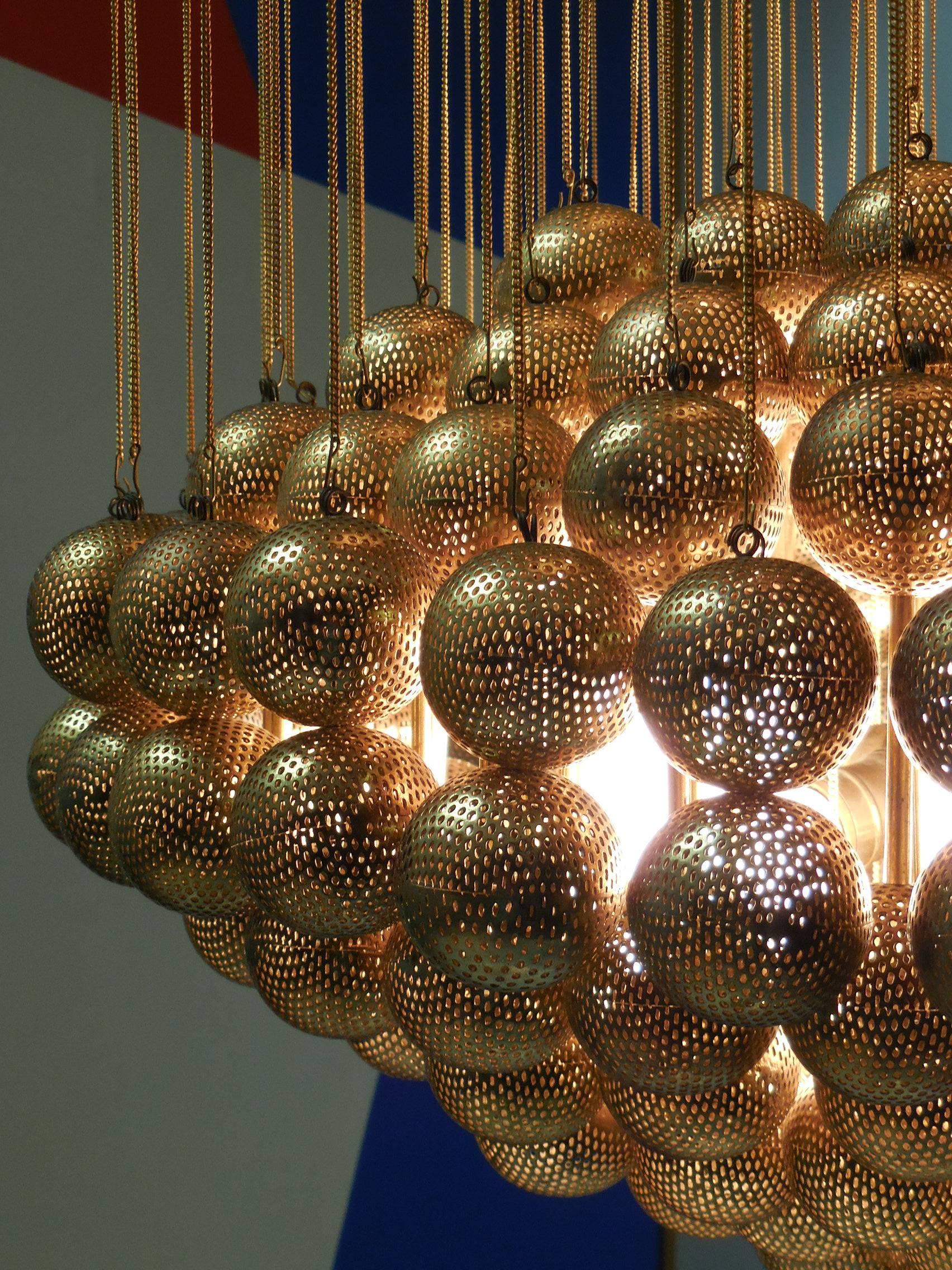 Italian Large Brass Chandelier with Perforated Spheres by Zero Quattro