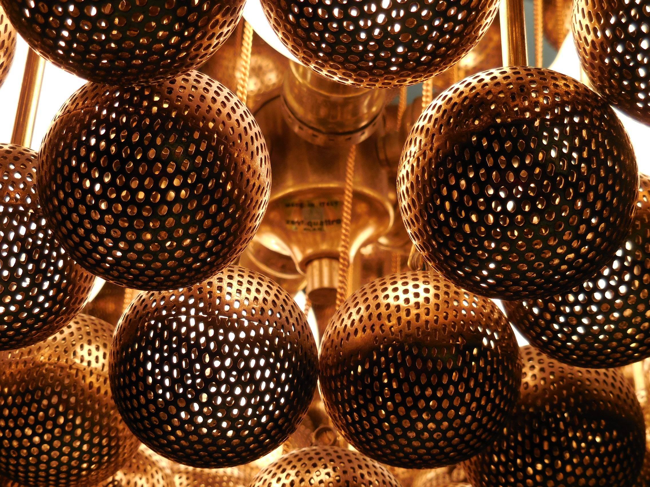 Late 20th Century Large Brass Chandelier with Perforated Spheres by Zero Quattro