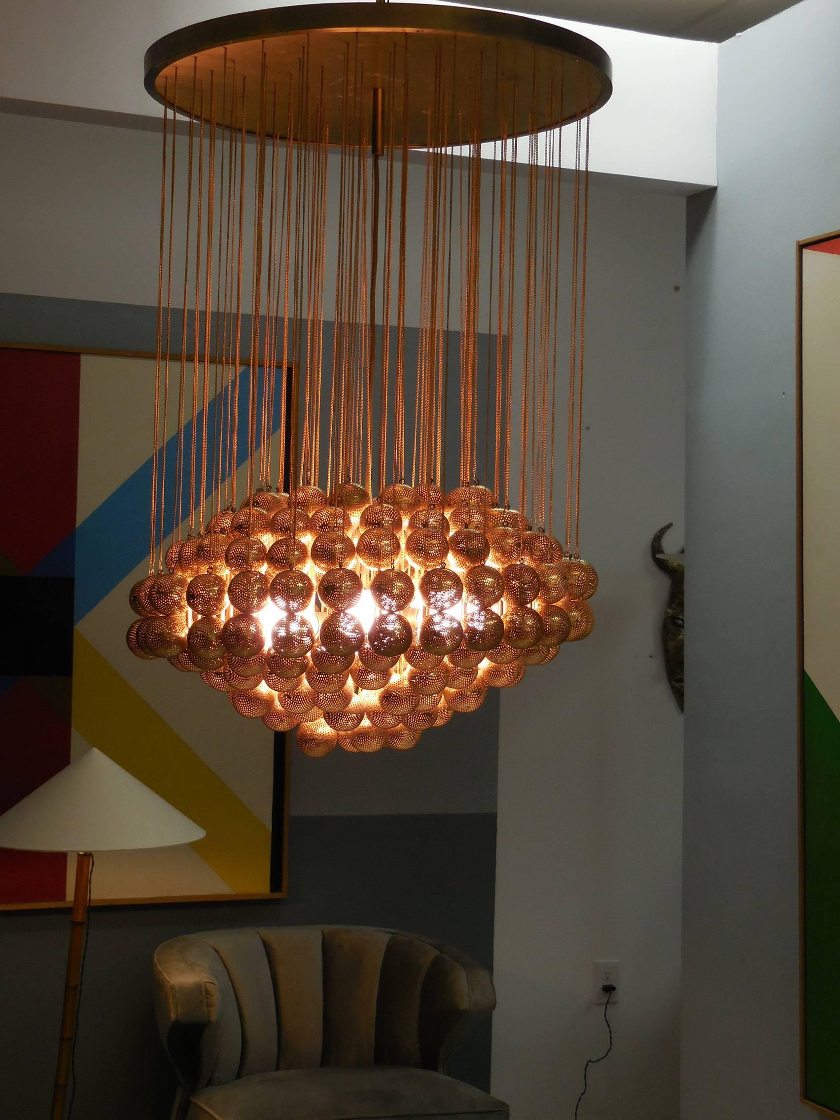 Large Brass Chandelier with Perforated Spheres by Zero Quattro 2