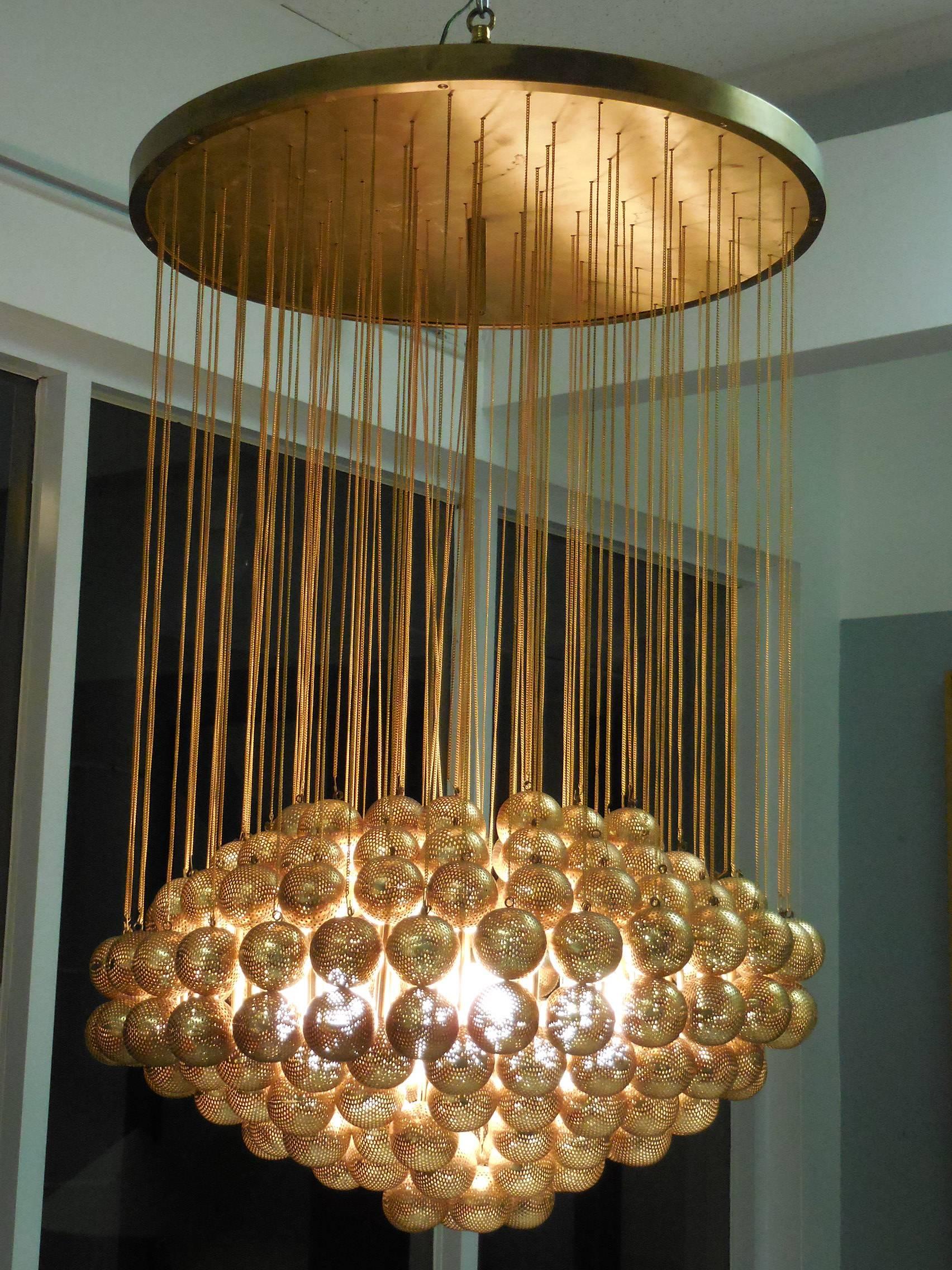 Large Brass Chandelier with Perforated Spheres by Zero Quattro 4