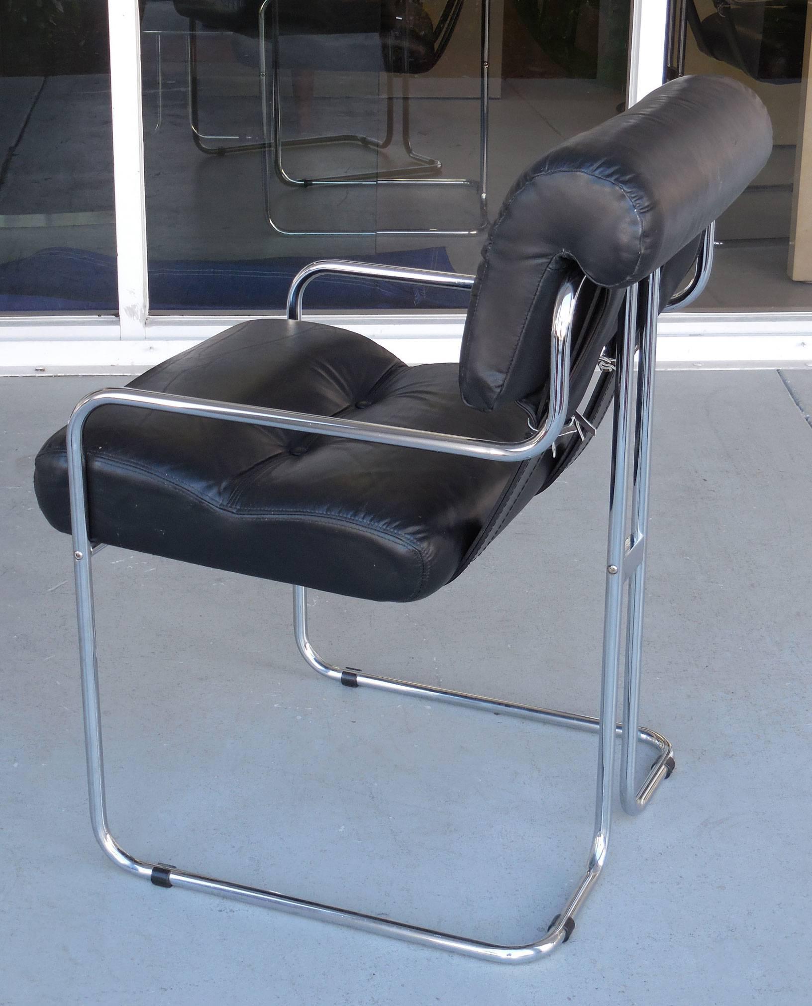 Italian Six Black Leather Tucroma Dining Chairs by Pace, 1970s