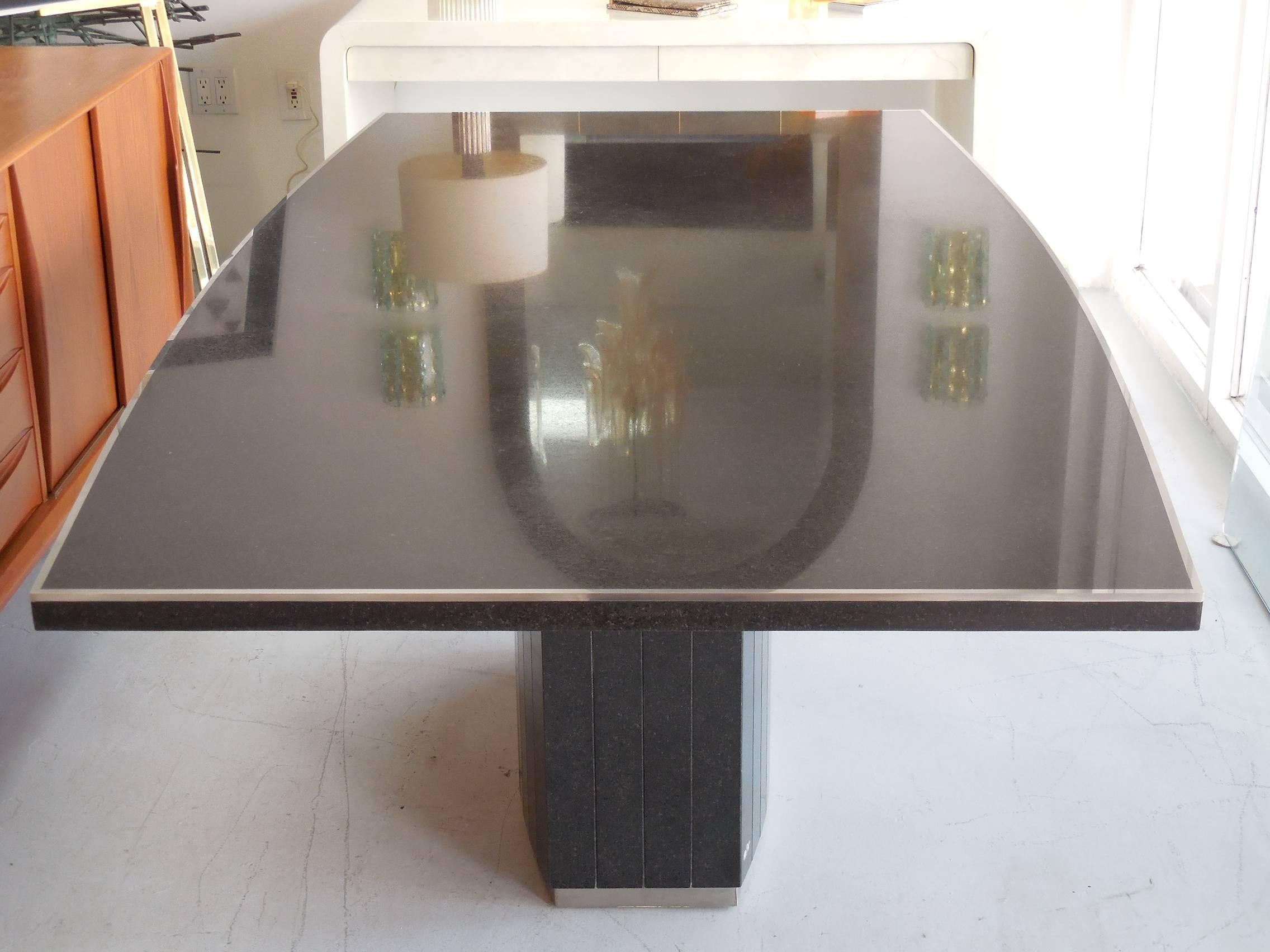 Italian Rare Black Granite and Stainless Steel Dining Table by Willy Rizzo