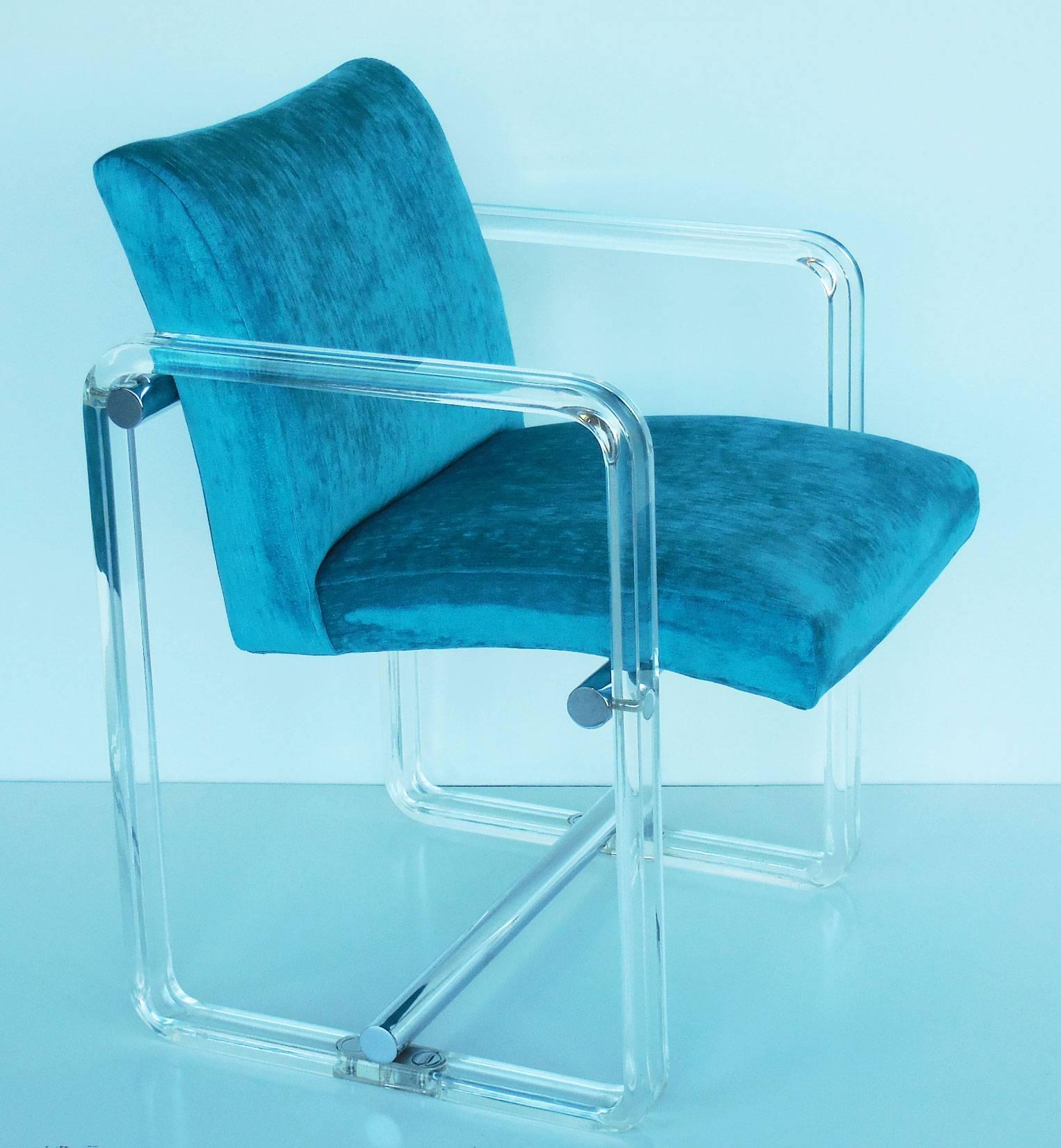 Six Turquoise Lucite and Chrome Dining Chairs, 1970s In Excellent Condition In Miami, FL
