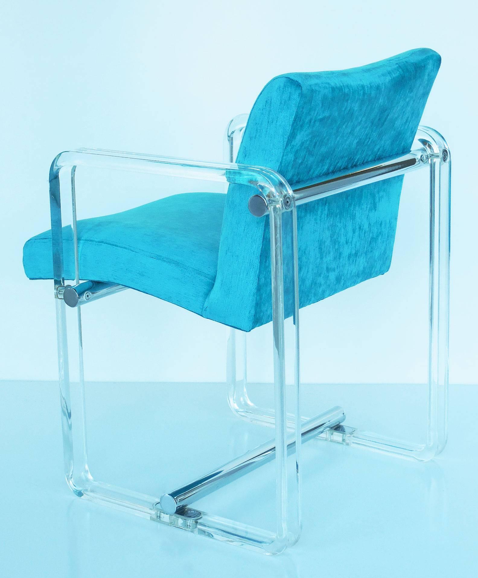 Late 20th Century Six Turquoise Lucite and Chrome Dining Chairs, 1970s