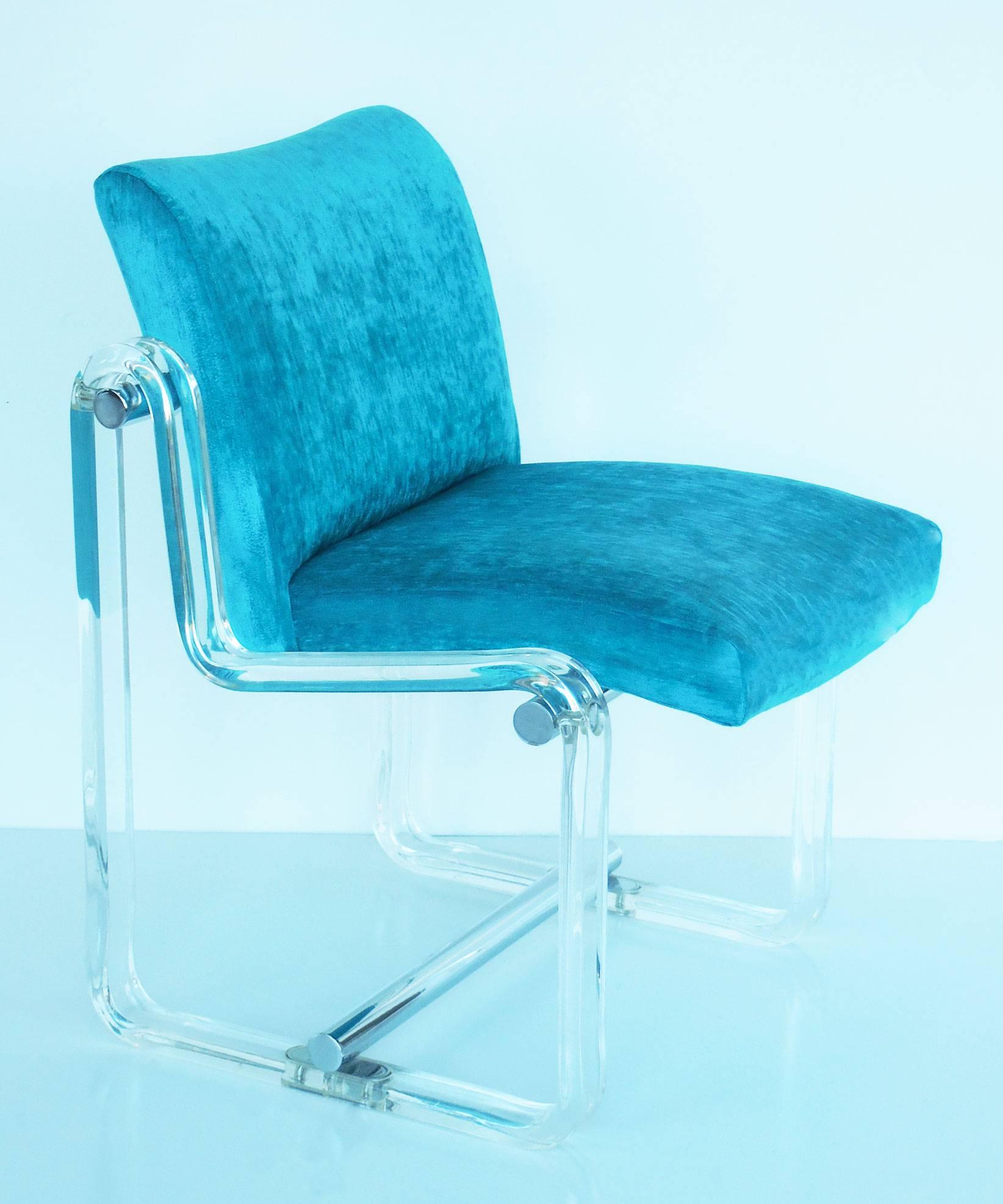 Six Turquoise Lucite and Chrome Dining Chairs, 1970s 1