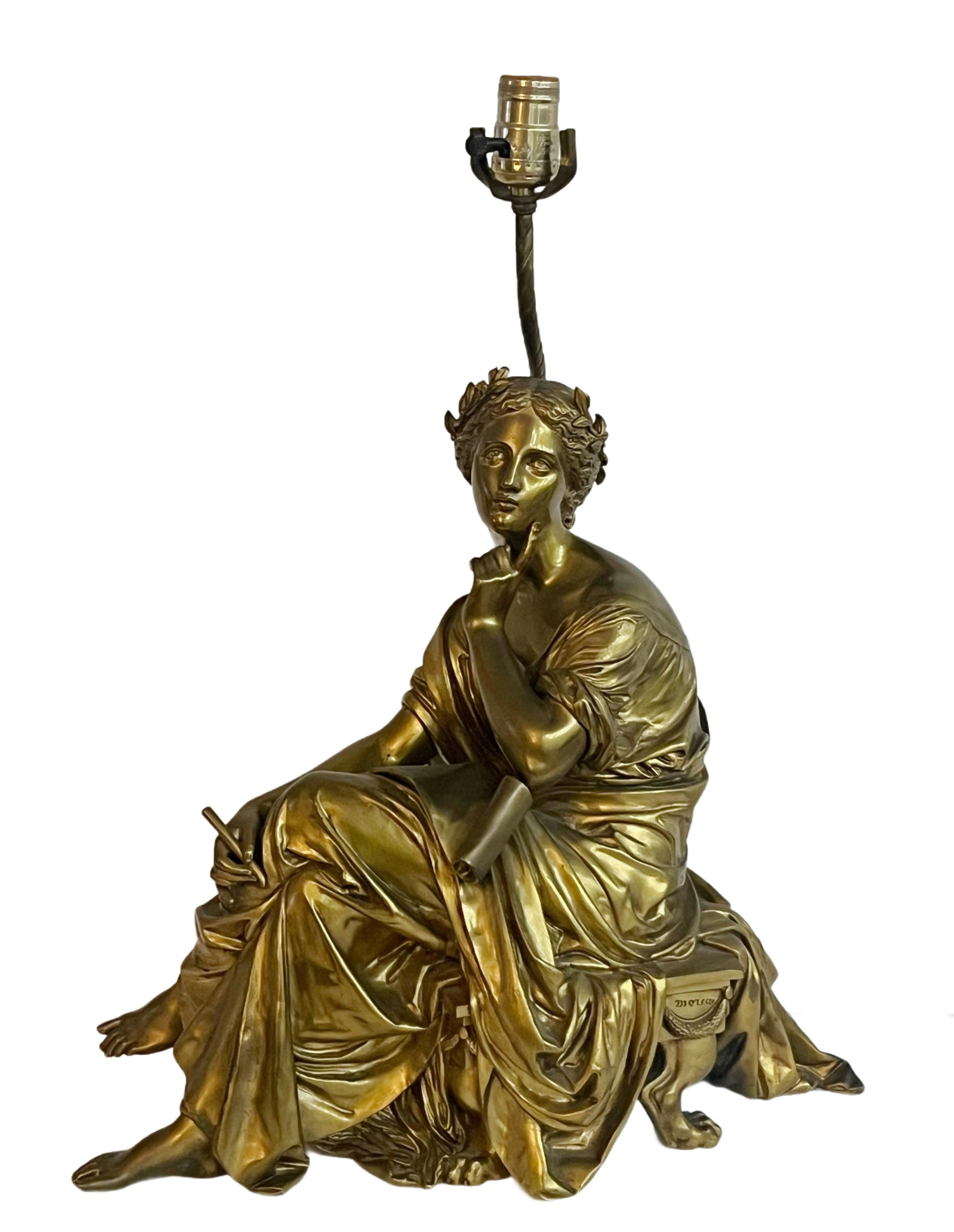 A bronze sculpture by Auguste Moreau mounted as a lamp.  Height to socket is 23”