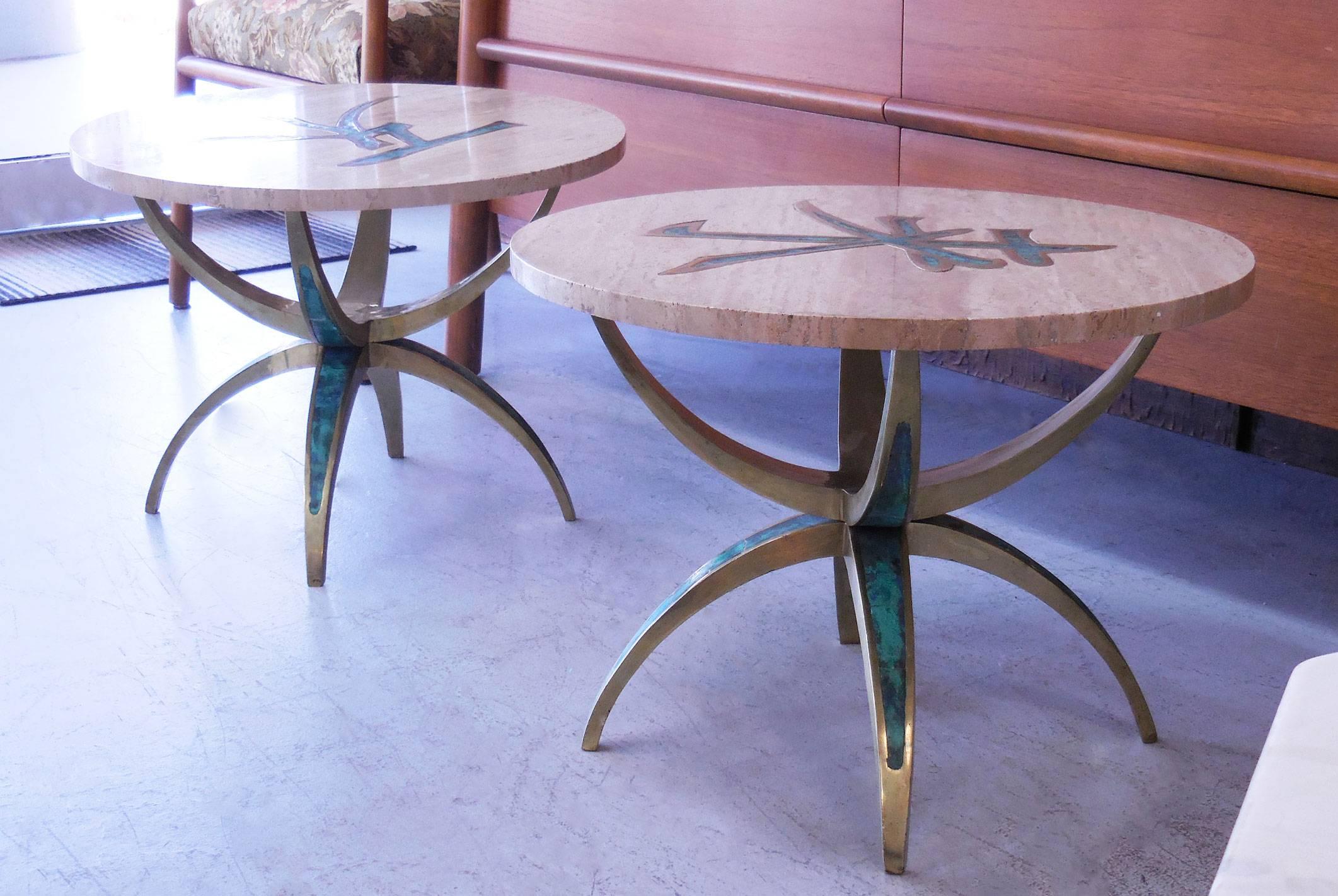 A pair of rare side tables by Pepe Mendoza. Solid hand-wrought brass with turquoise enamel inlay. The super rare removable tops are travertine marble with the brass and enamel design actually inset in the stone.