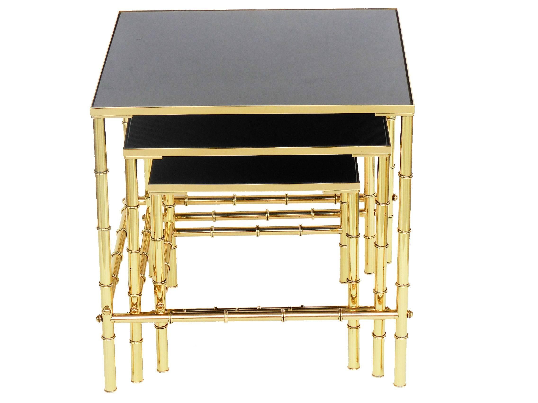 French  Nesting Tables Set Faux Bamboo Brass and Black Glass