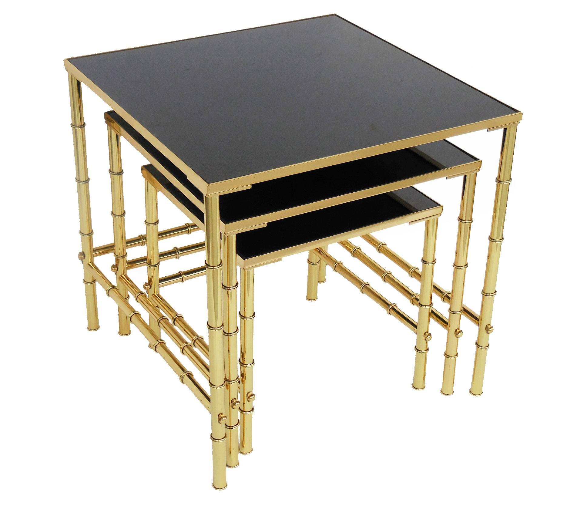  Nesting Tables Set Faux Bamboo Brass and Black Glass In Excellent Condition In Miami, FL
