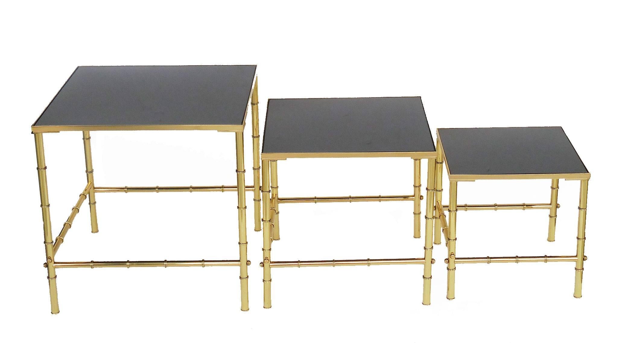 Mid-20th Century  Nesting Tables Set Faux Bamboo Brass and Black Glass