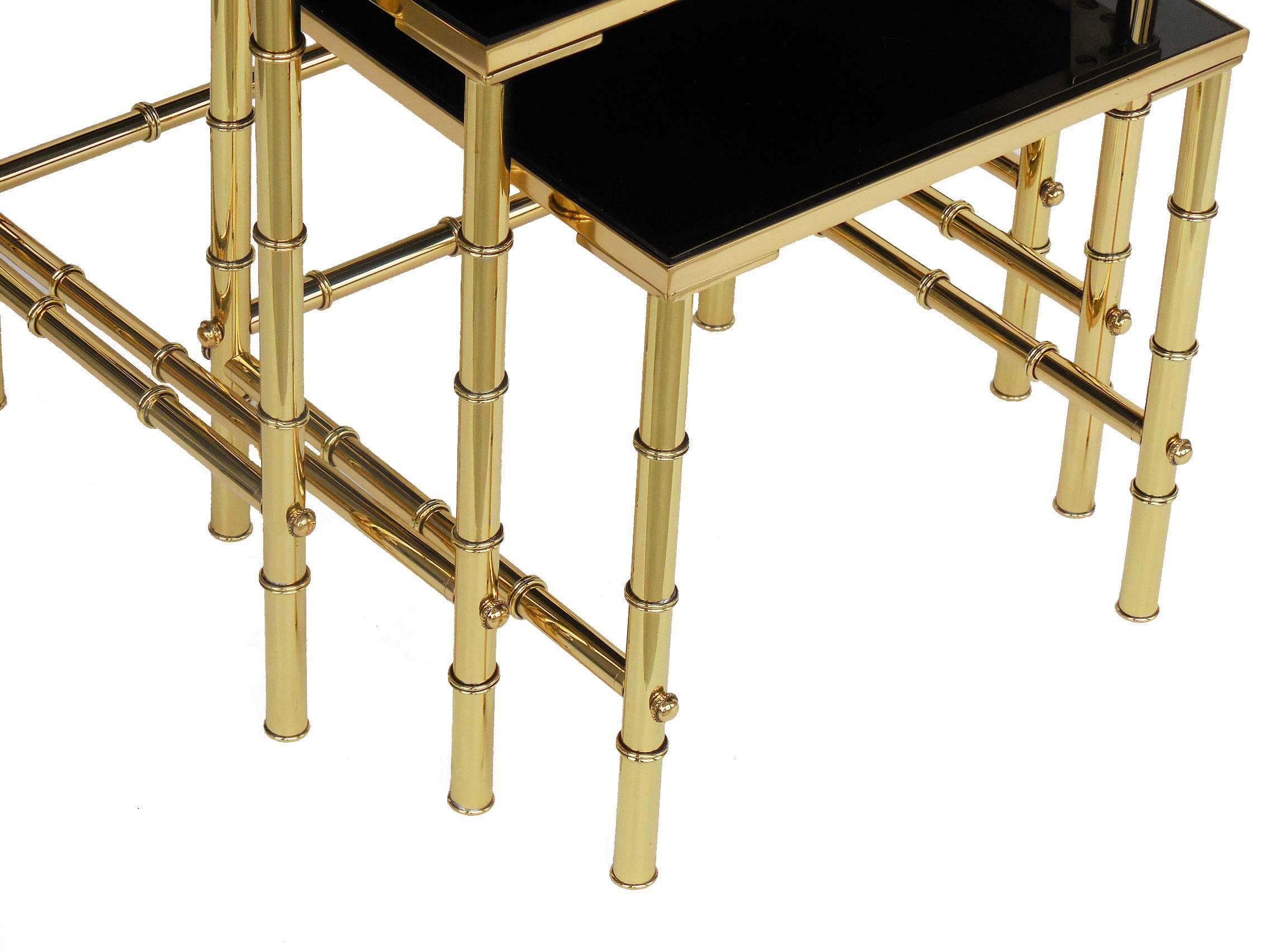  Nesting Tables Set Faux Bamboo Brass and Black Glass 1