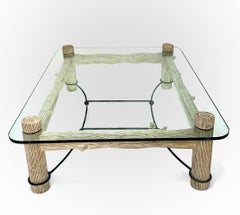 Hand-Carved Organic Coffee Table, Glass Top, Wood & Steel, USA, 1979