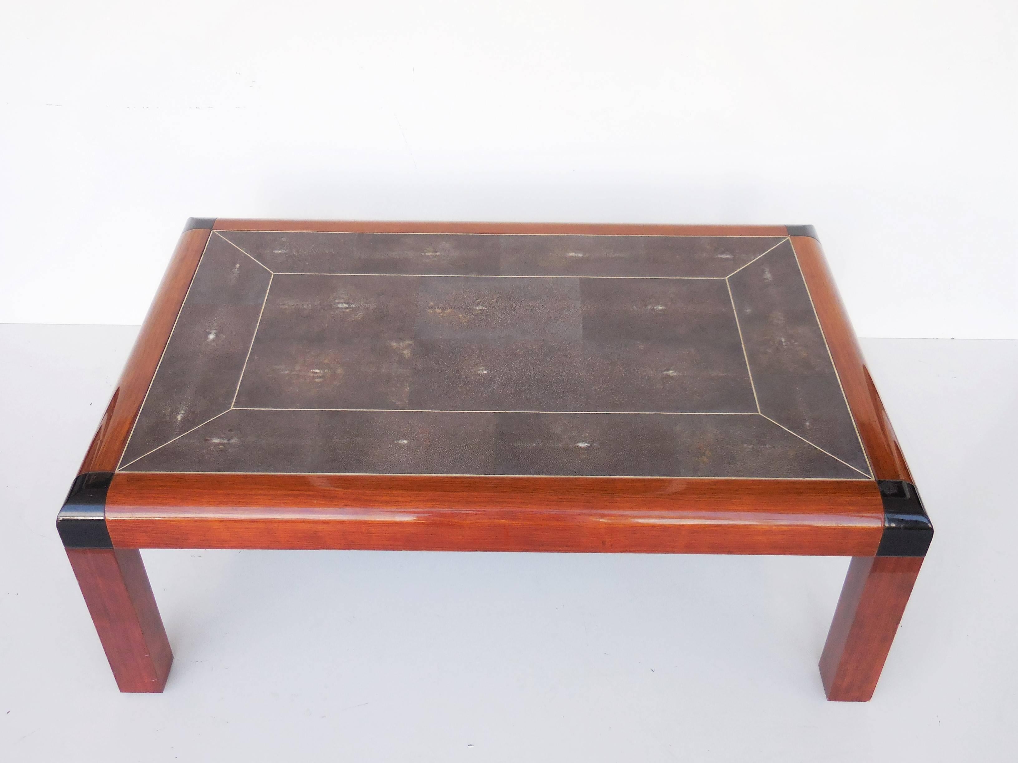 American Karl Springer Shagreen and Wood Coffee Table, 1987