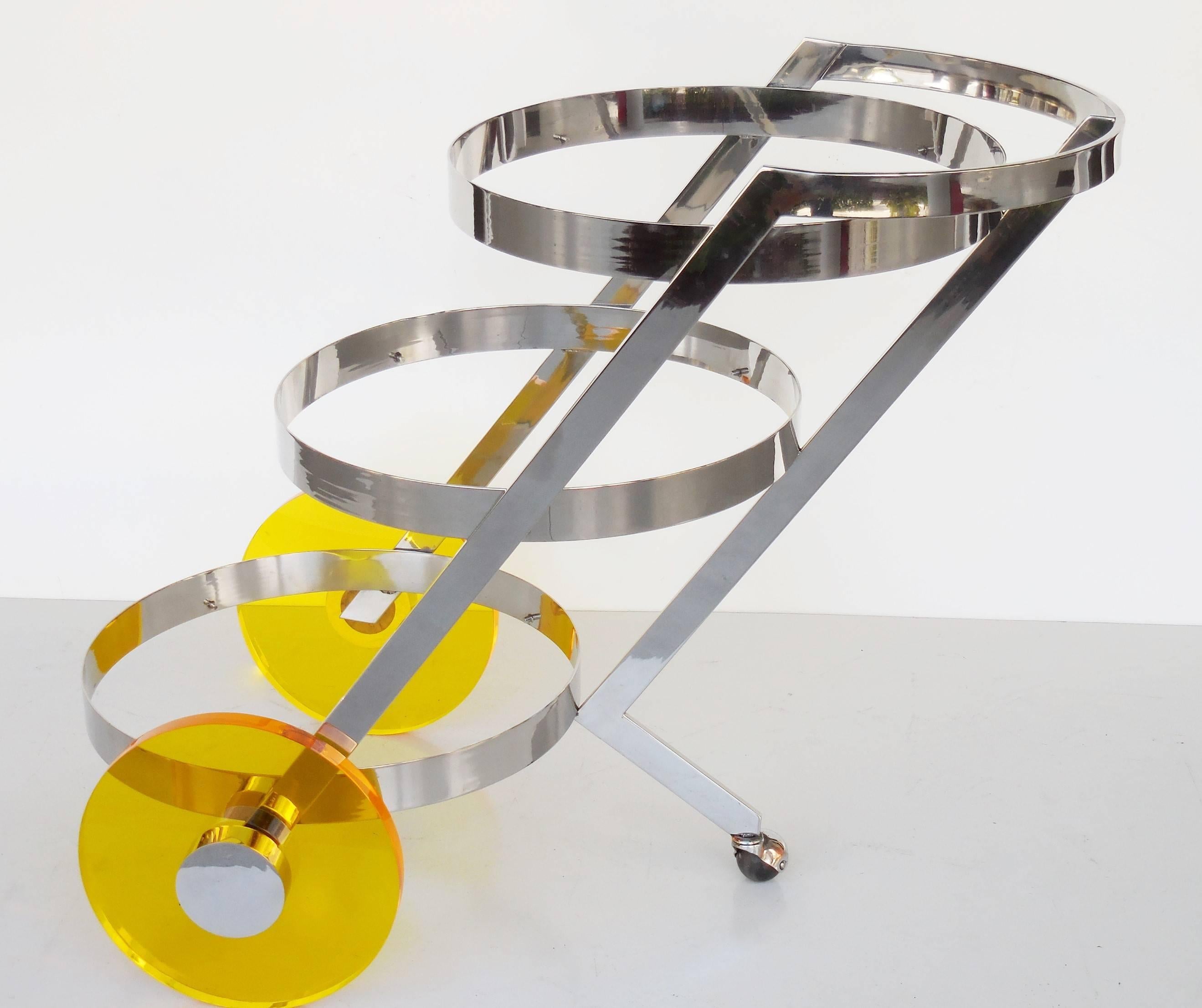 American Stainless Steel and Yellow Lucite Bar Cart, 1970s