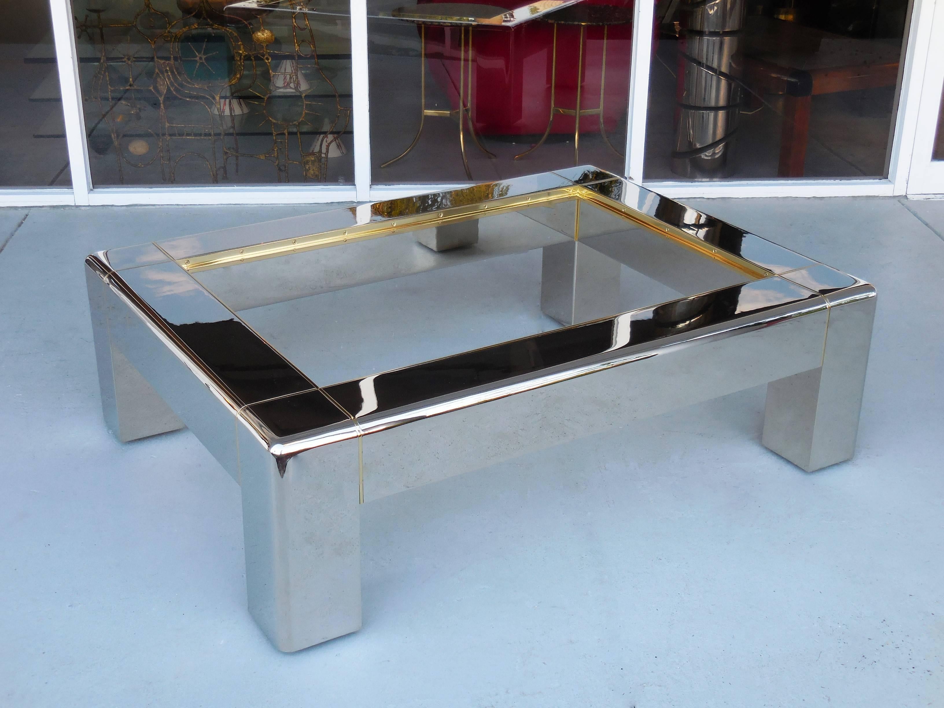 American Karl Springer Polished Nickel and Bronze Coffee Table