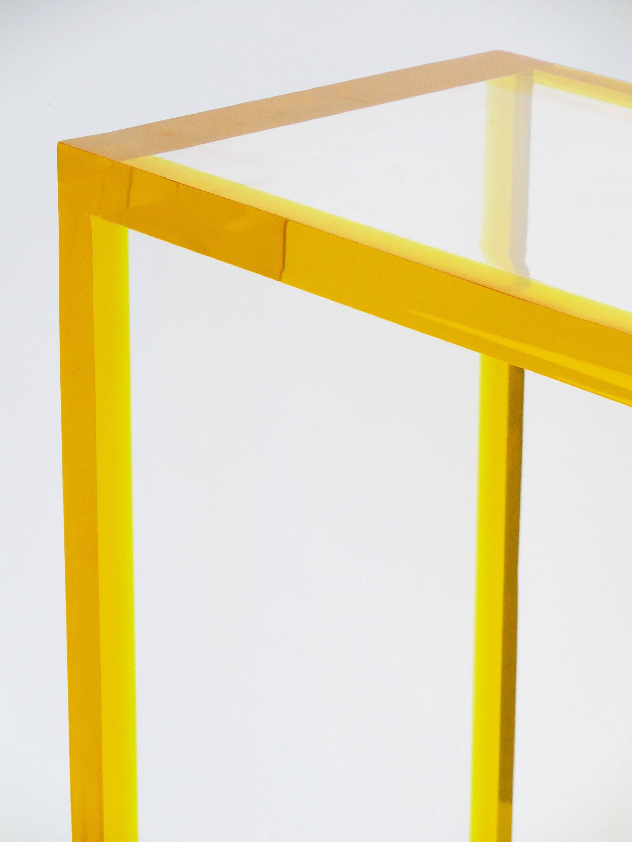 Contemporary Custom Yellow and Clear Lucite Consoles