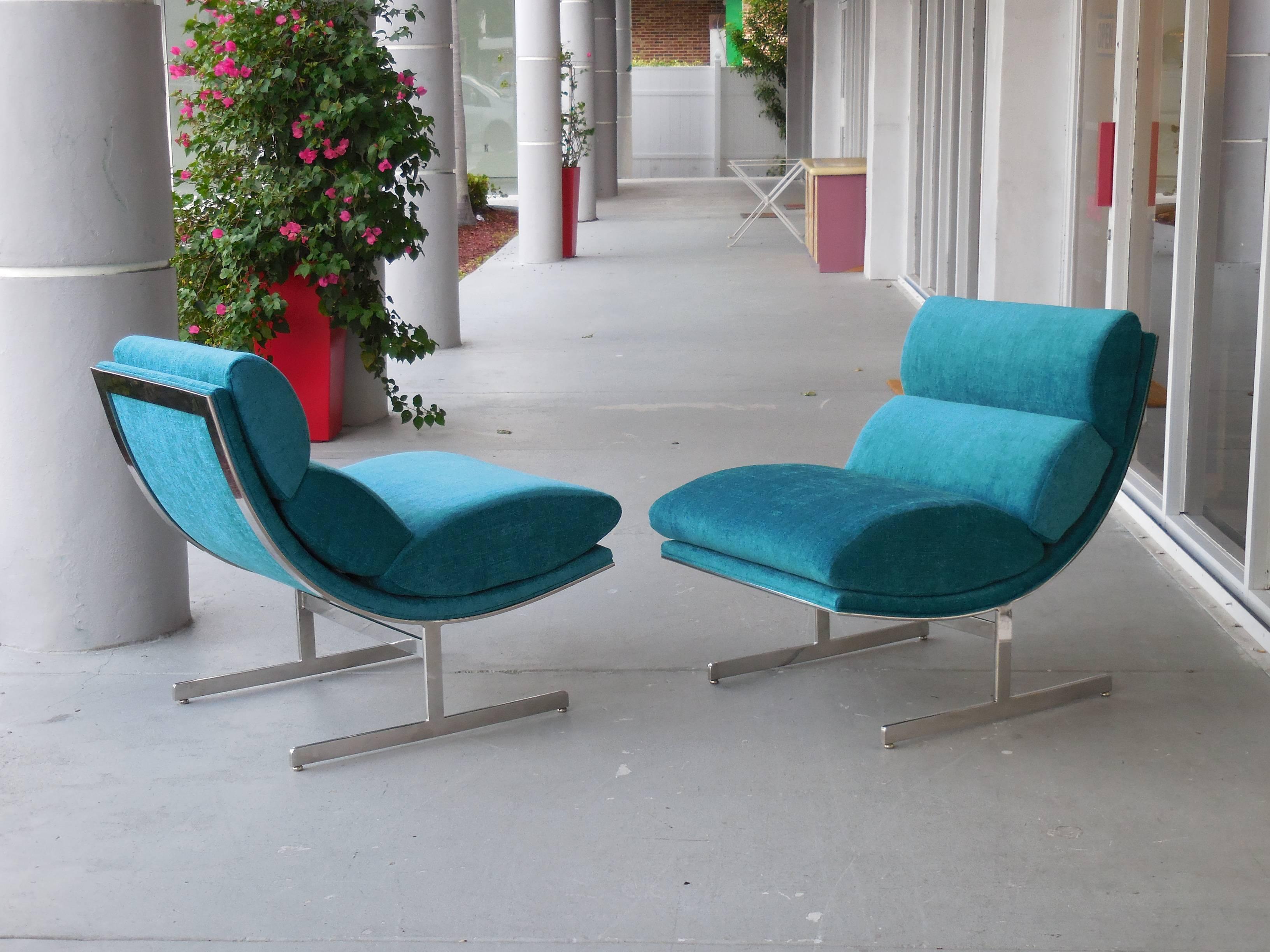 Pair of Turquoise Stainless Steel Chairs by Kipp Stewart In Excellent Condition In Miami, FL