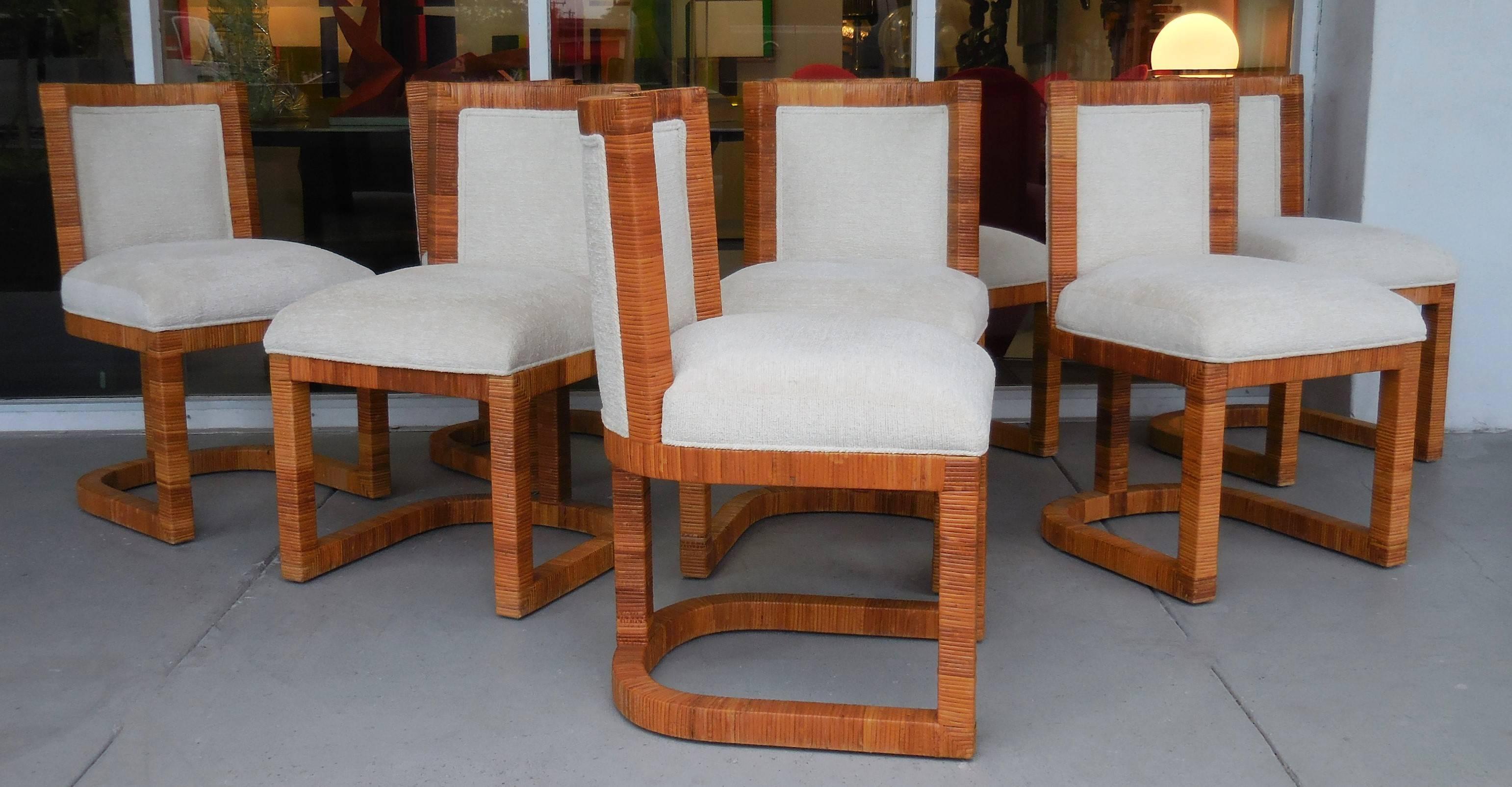 Eight Modern Italian Rattan Cane Dining Chairs, 1970s 6