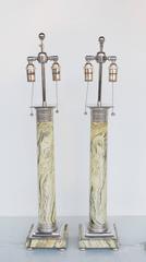 Pair of Neoclassical Faux Marble and Nickel Column Lamps