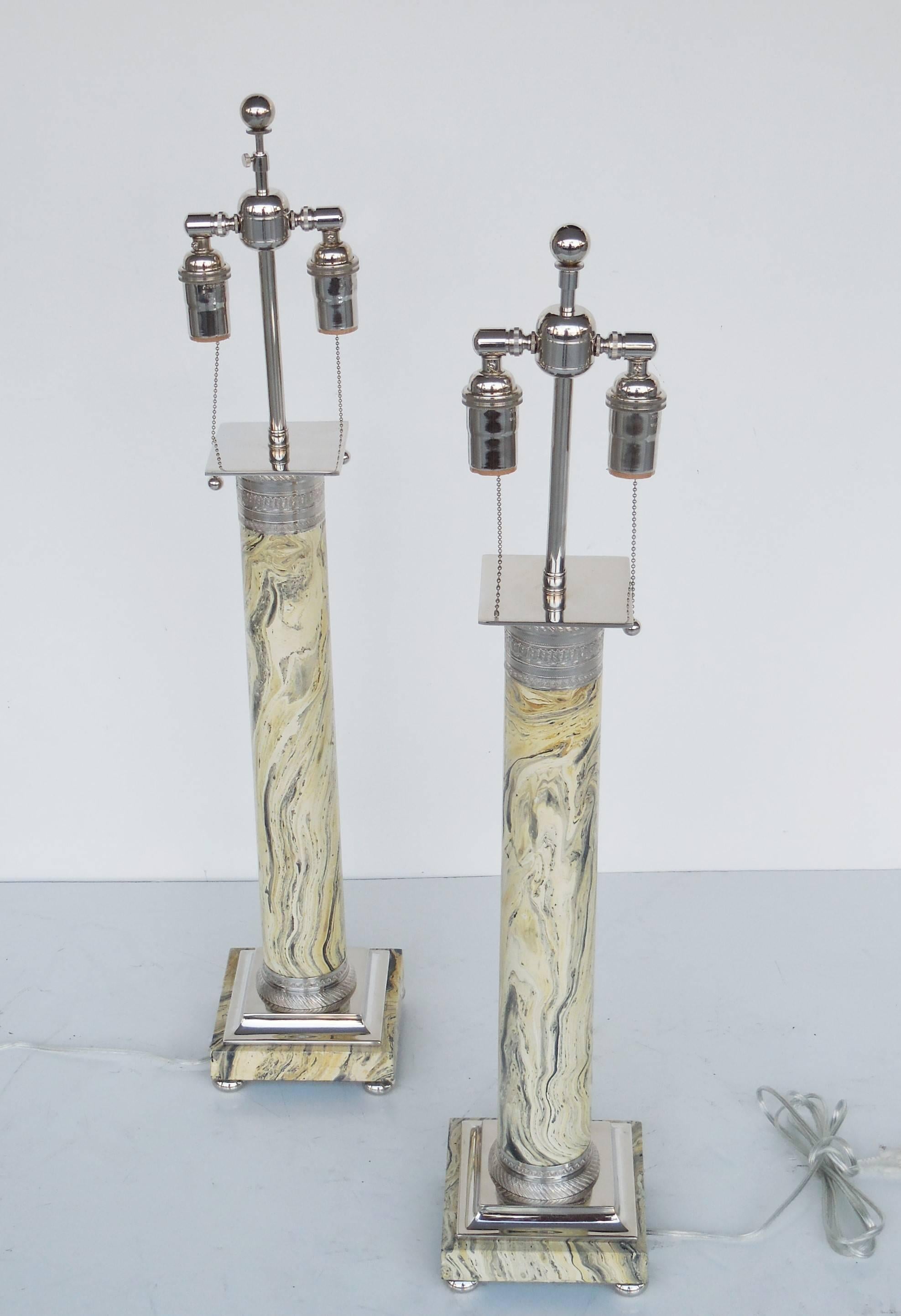 American Pair of Neoclassical Faux Marble and Nickel Column Lamps