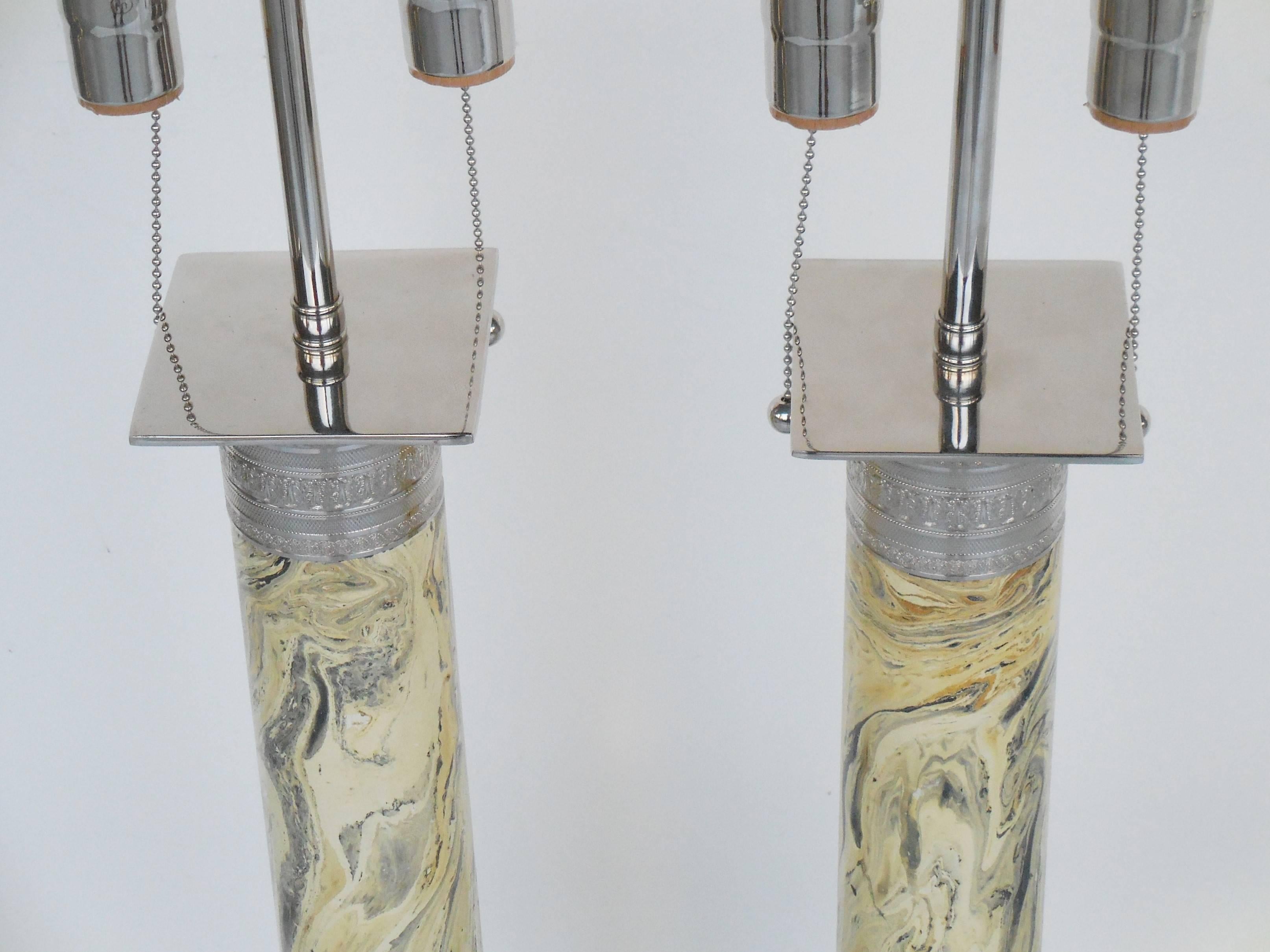 Pair of Neoclassical Faux Marble and Nickel Column Lamps In Excellent Condition In Miami, FL