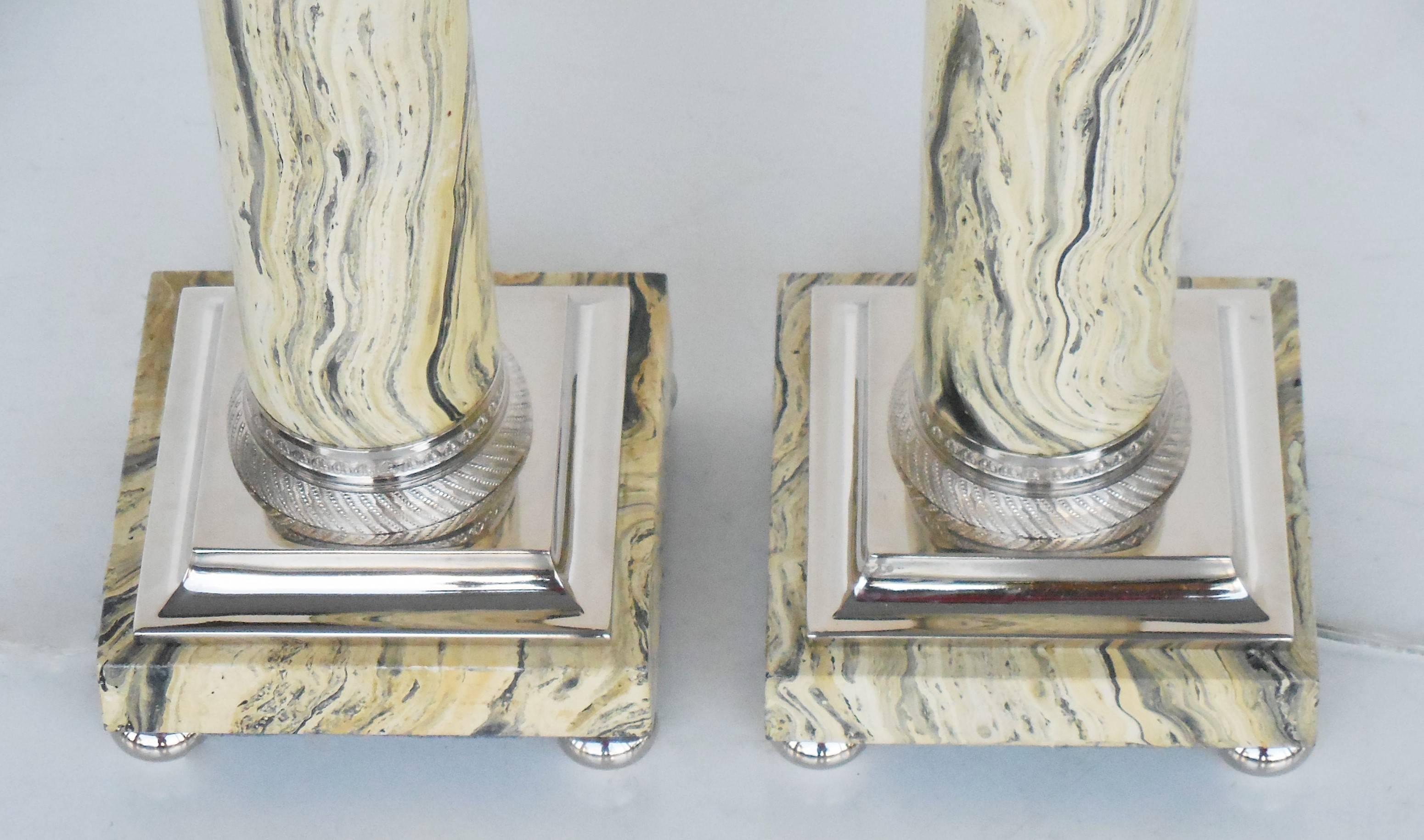 Mid-20th Century Pair of Neoclassical Faux Marble and Nickel Column Lamps
