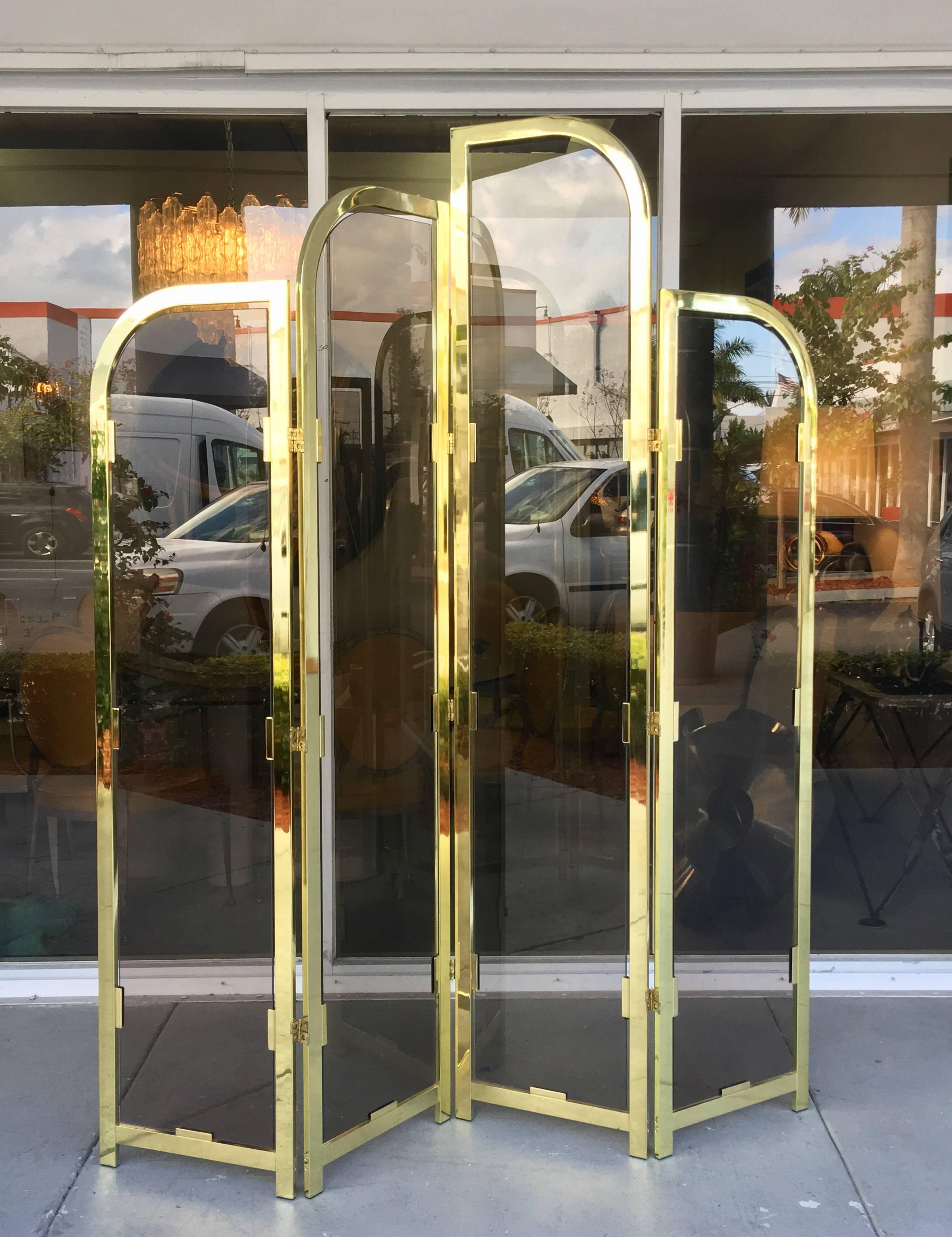 Brass and Bronze-Glass Screen Divider, 1970s In Excellent Condition In Miami, FL
