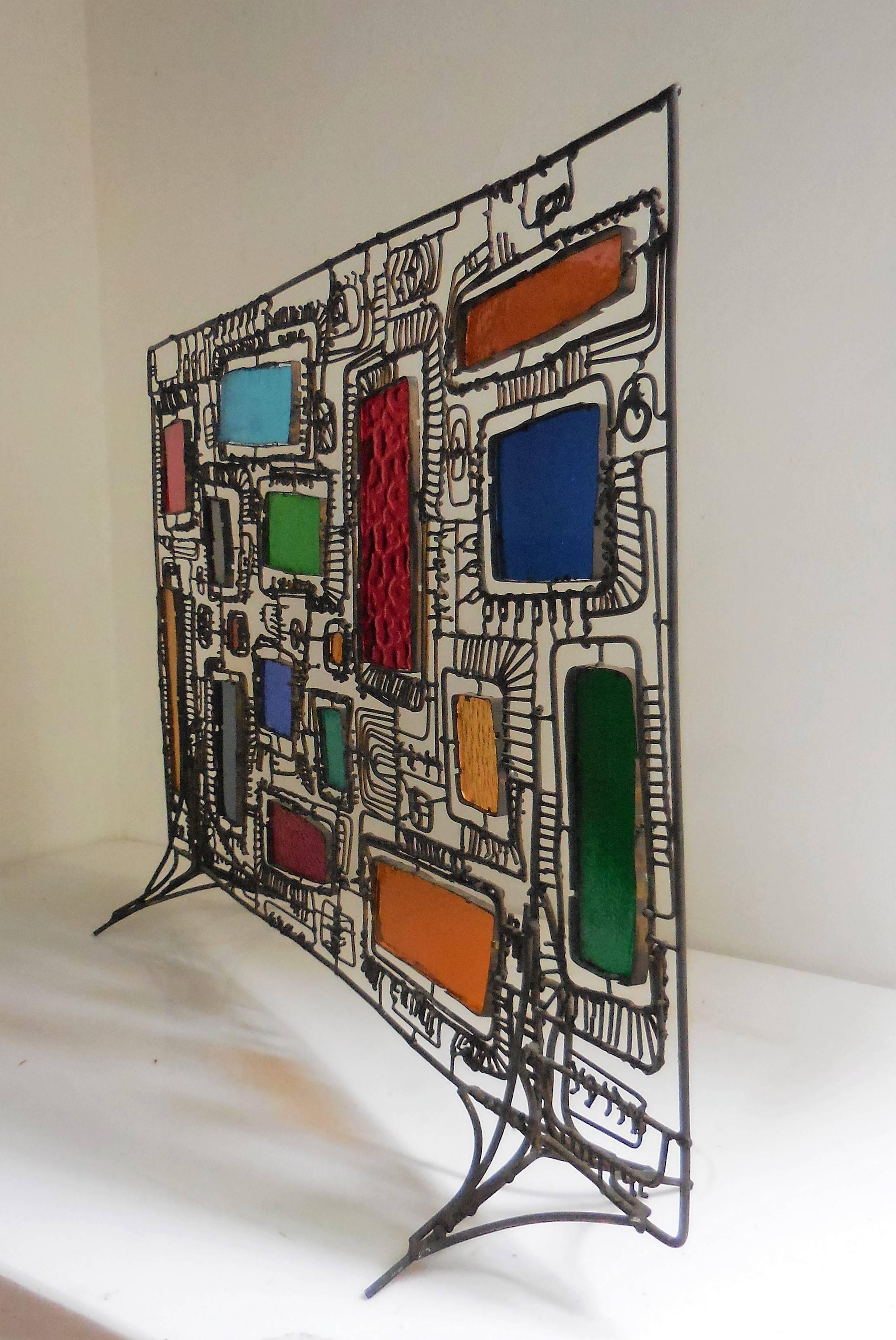 American Unique Mid-Century Bronze and Glass Sculpture or Fire Screen